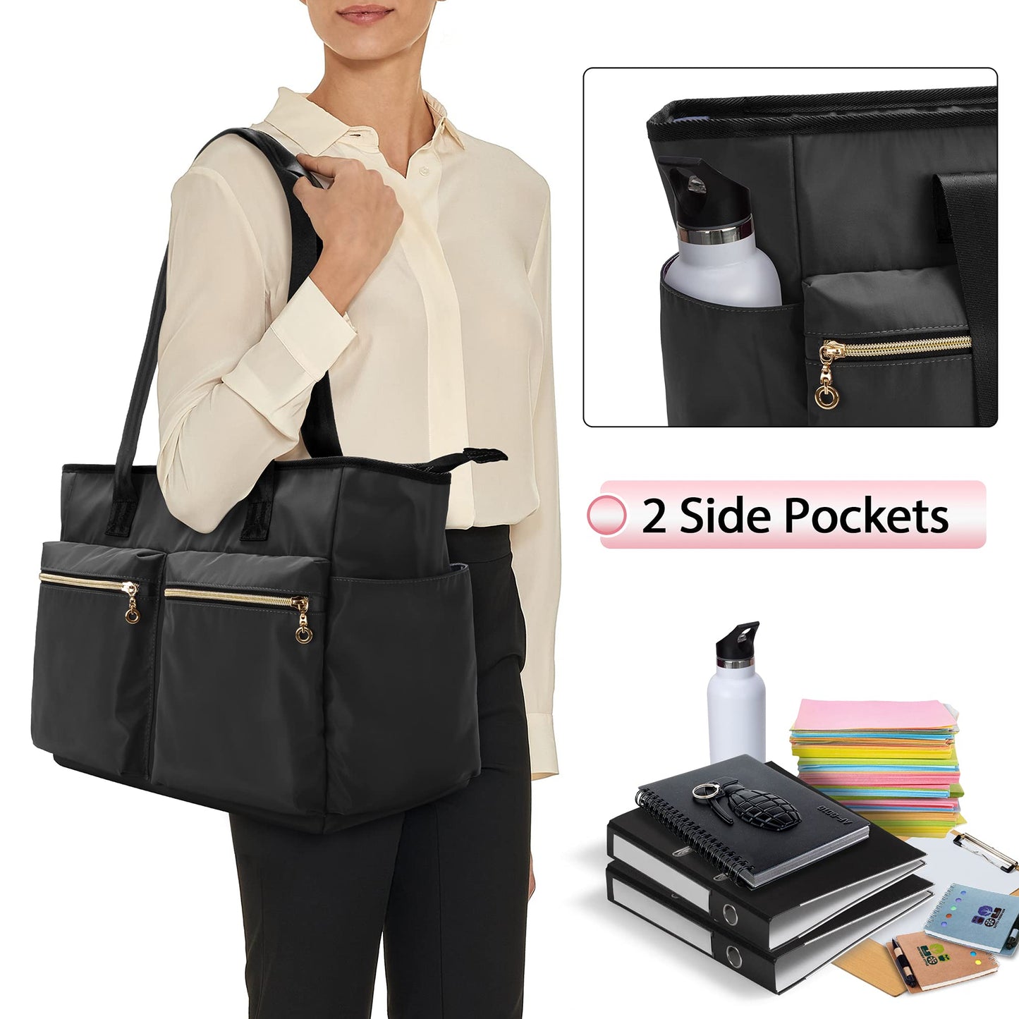 Damero Teacher Bag, Teacher Utility Tote Bag with Zip Top and Padded Sleeve for up to 15.6’’ Laptop for School, Office, Business, Black