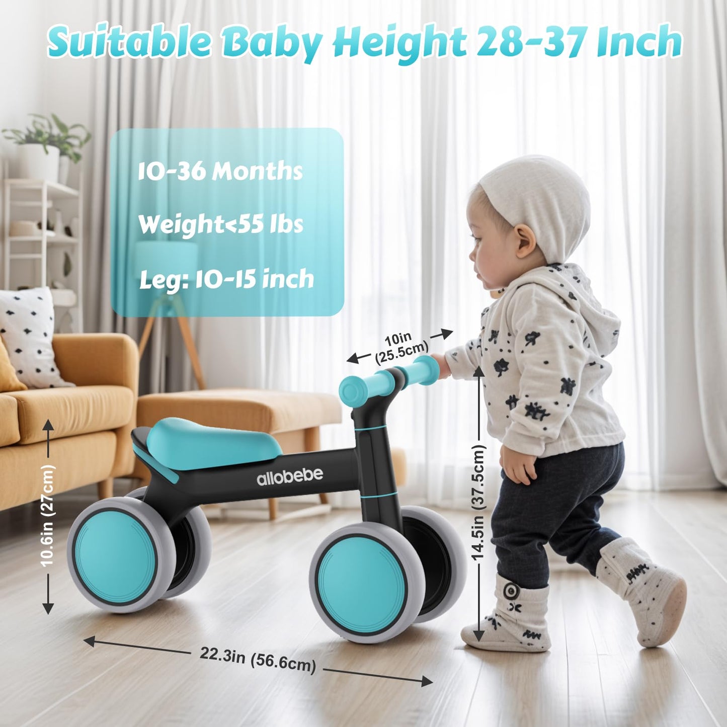 allobebe Baby Balance Bike, Toddler Bike for 12-36 Months Boys Girls, 4 Silence Wheels & Soft Seat, Ride on Toys for Toddlers 1-3, 1 Year Old Boy Birthday Gift