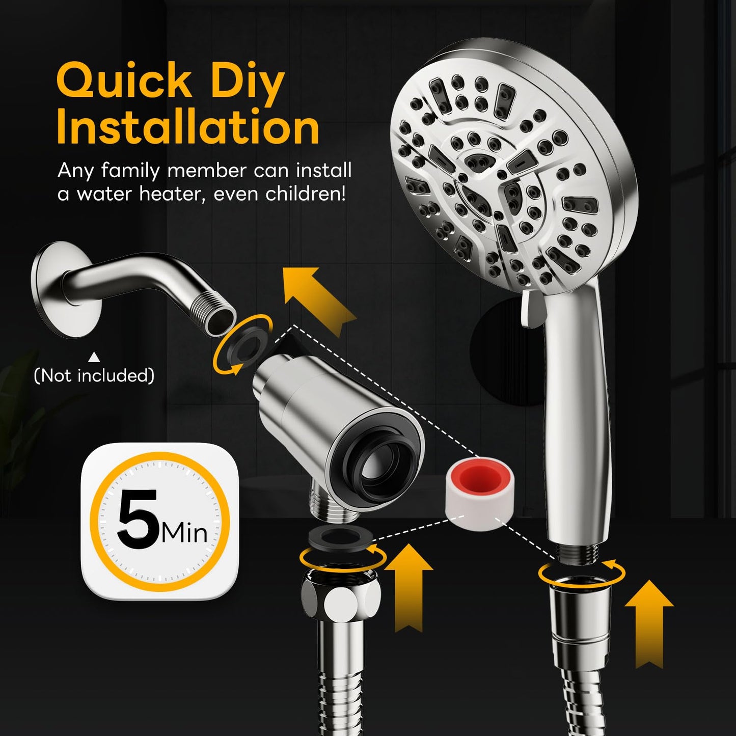 High Pressure 10 Ways Handheld Shower Head Brushed Nickel- Anti-Clog Nozzles,Wall & Overhead Brackets,Magnetitc Rainfall Shower Wand,Built-in 2 Power Jet (Brushed Nickel)