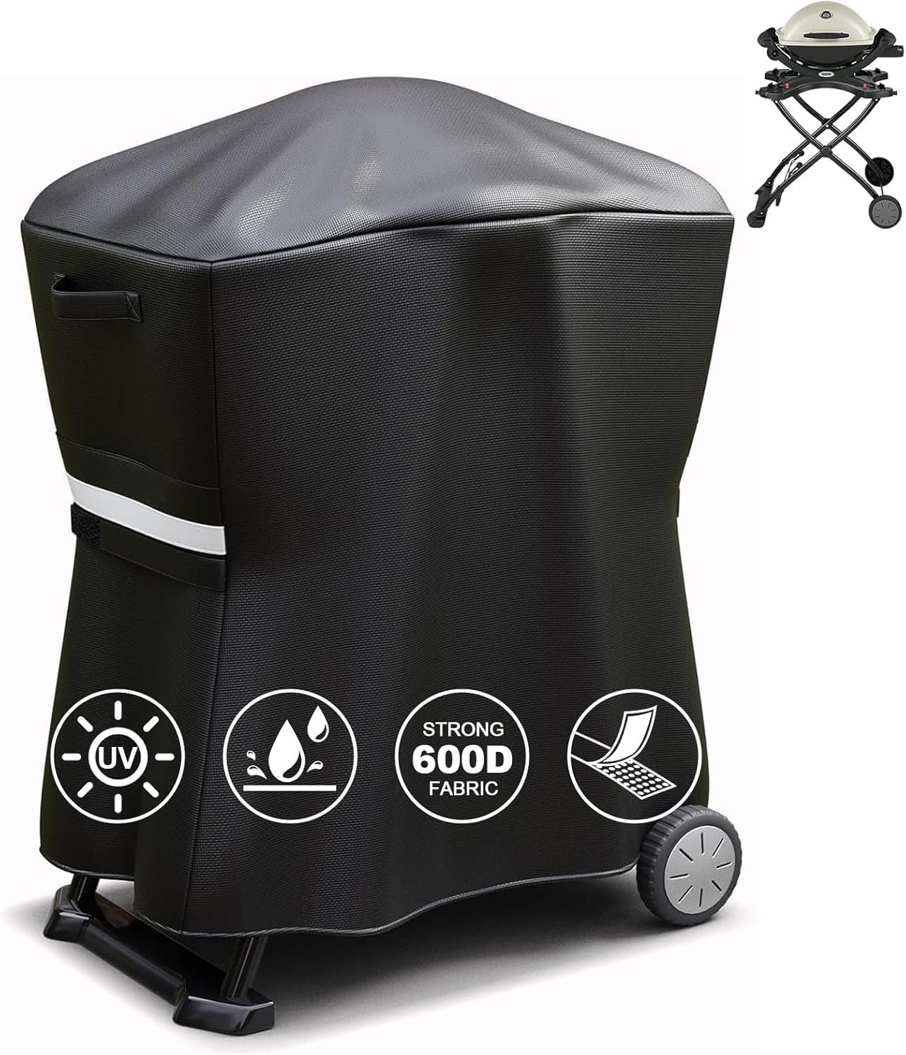 GFTIME 7113 Grill Cover for Weber Q100 Q120 Q1000 Q1200 Q200 Q220 Q2000 Q2200 Q2400 Q2800N+ Series Gas Grills, 600D,Heavy Duty BBQ Cover for Weber Q Portable cart, Waterproof and UV Resistant