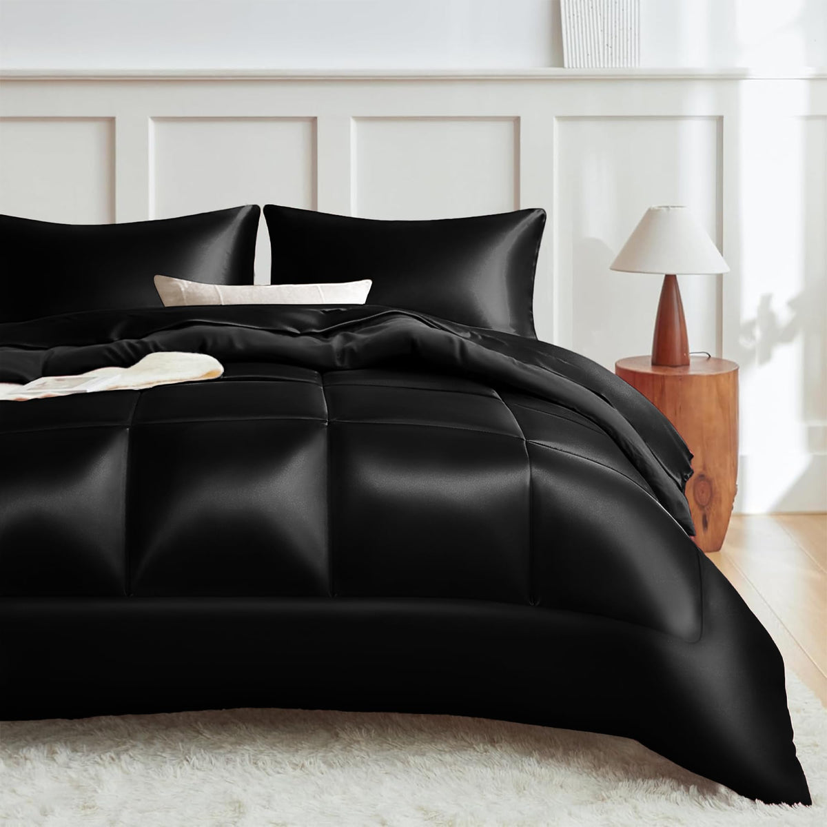 MR&HM Queen Comforter Set Black, Reversible Satin Microfiber Comforter Set for All Seasons, 3 Pieces Non-Slip Silky Soft Bedding Sets with 1 Comforter (90"x90") and 2 Pillowcases (20"x26")