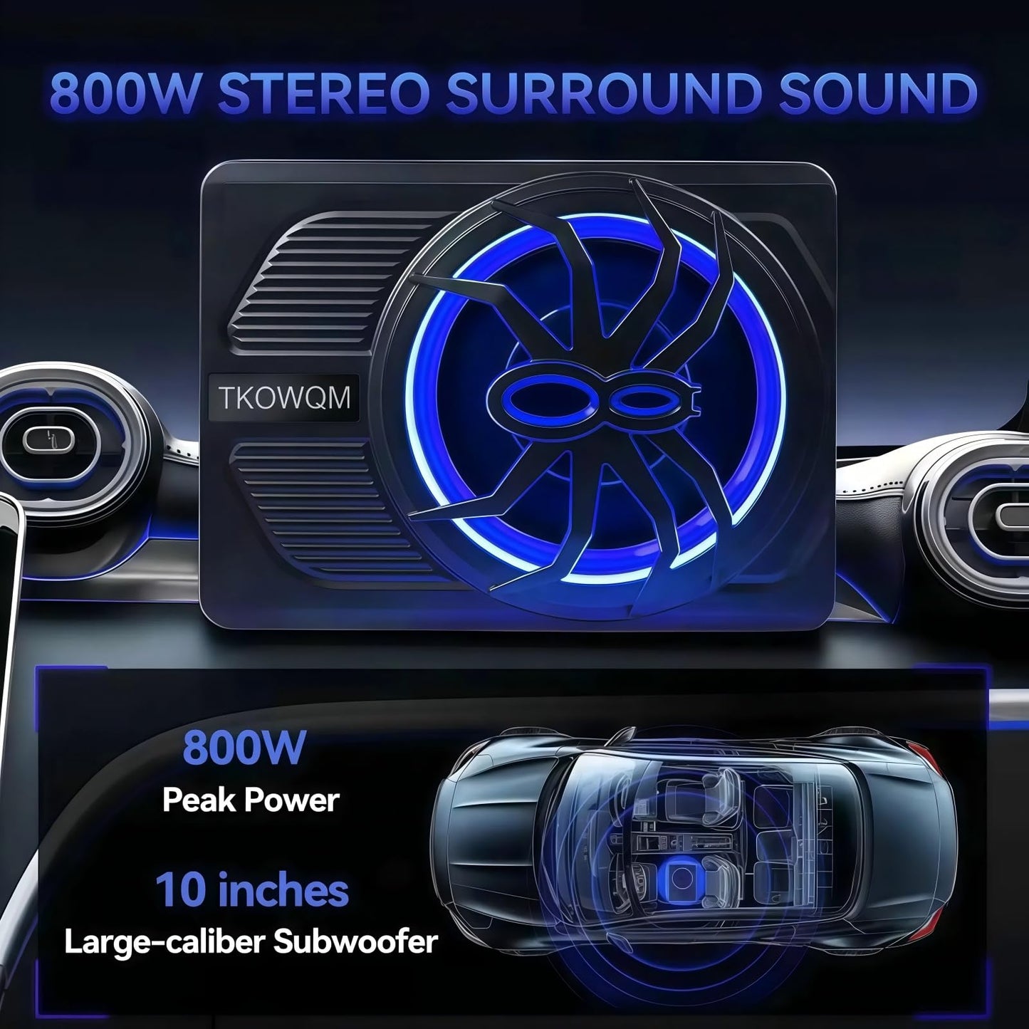 Car Subwoofer 10" 800W Slim Under Seat Powered Car Subwoofer，Car Audio Sub with Blue LED Ambient Light Built in Amplifier for Trucks Cars