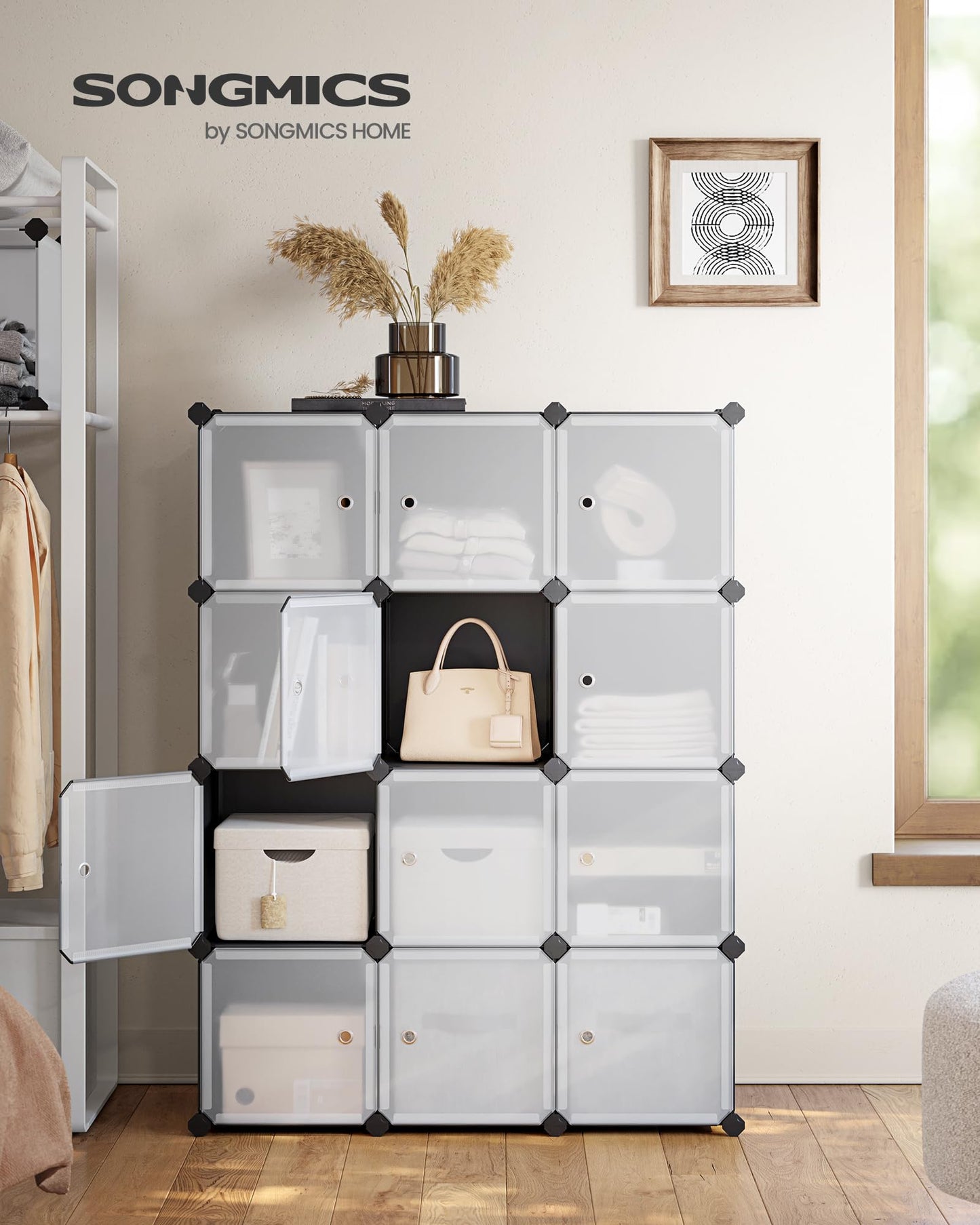 SONGMICS Cube Storage Organizer, Set of 12 Plastic Cubes, Closet Storage Shelves, DIY Plastic Closet Cabinet, Modular Bookcase, Shelving with Doors for Bedroom, Living Room, Black and White ULPC34HV1