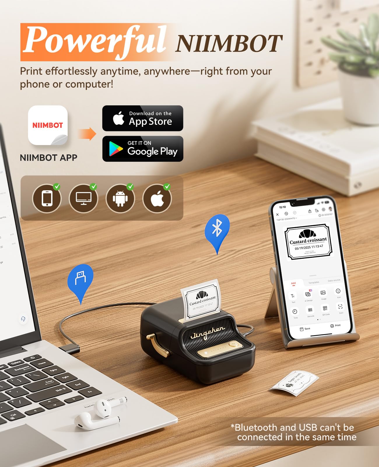 NIIMBOT B21 Inkless Label Maker, Portable Thermal Label Printer for Clothing, Address, Business, Compatible with iOS & Android, with 1 Pack 50x30mm White Label, Black