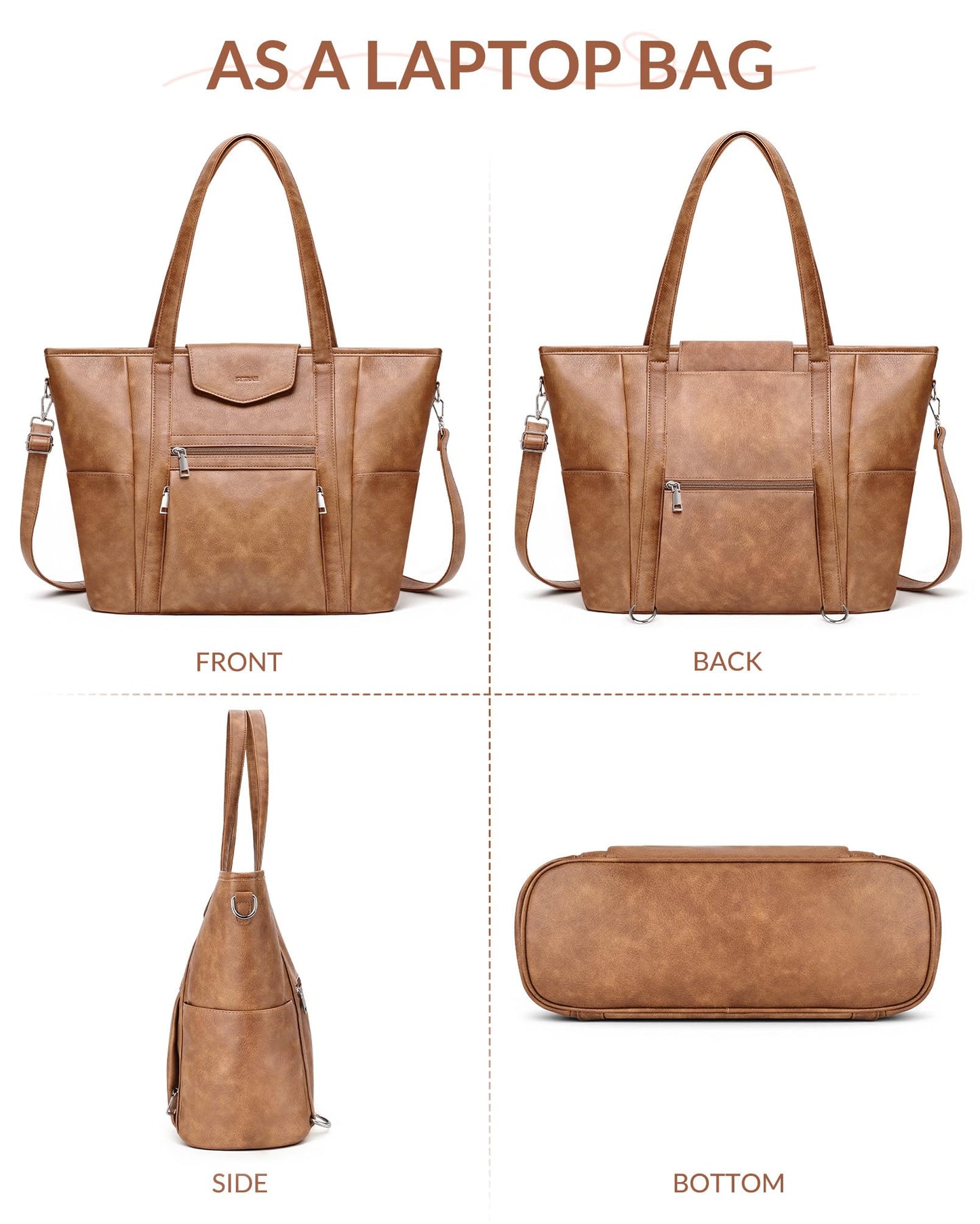 SYTRAH Laptop Bag for Women Designer Leather Laptop Backpack Purse, 16 inch Computer Tote Bags for Work Travel with Satchel Purse Brown