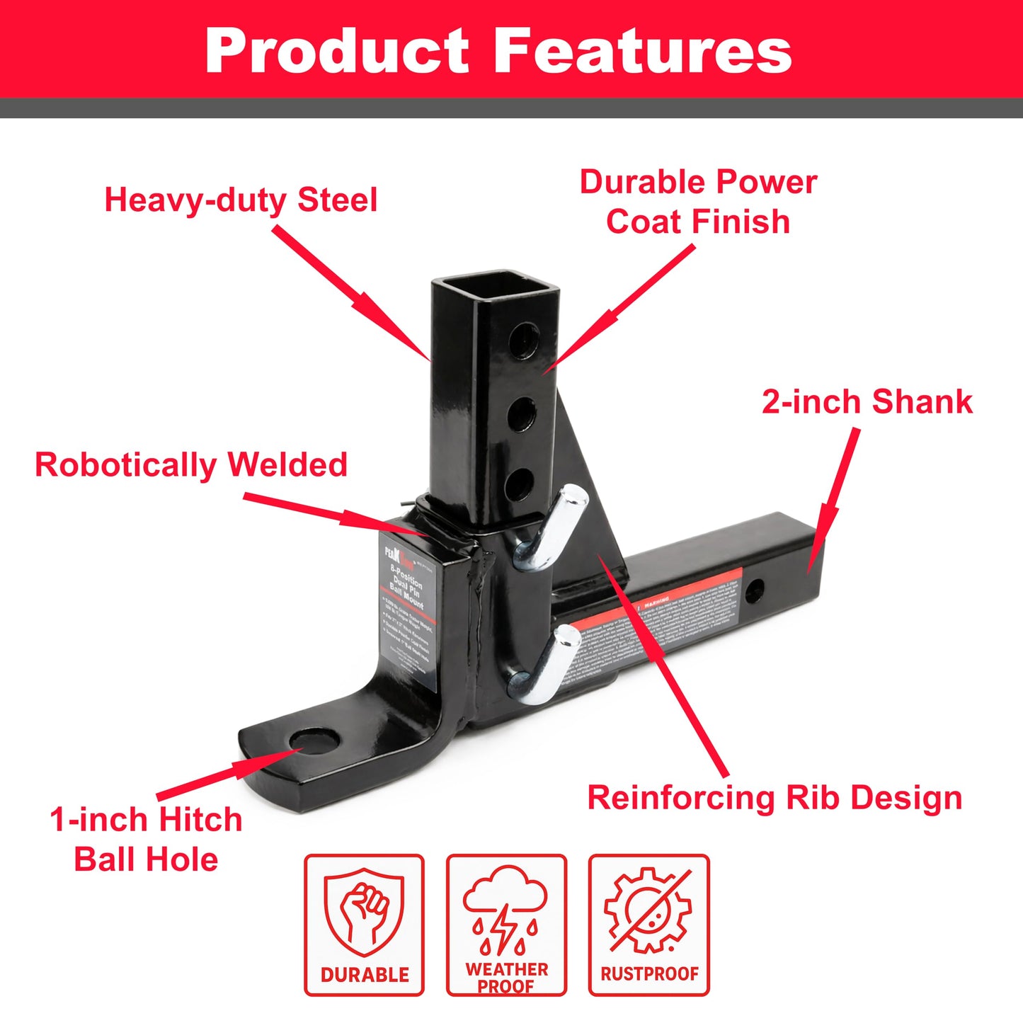 PEAKTOW Adjustable 8-Position Trailer Ball Mount Fits 2” Receiver, 9-1/2” Drop and 10” Rise, 5000lbs. GTW Capacity PTT0061