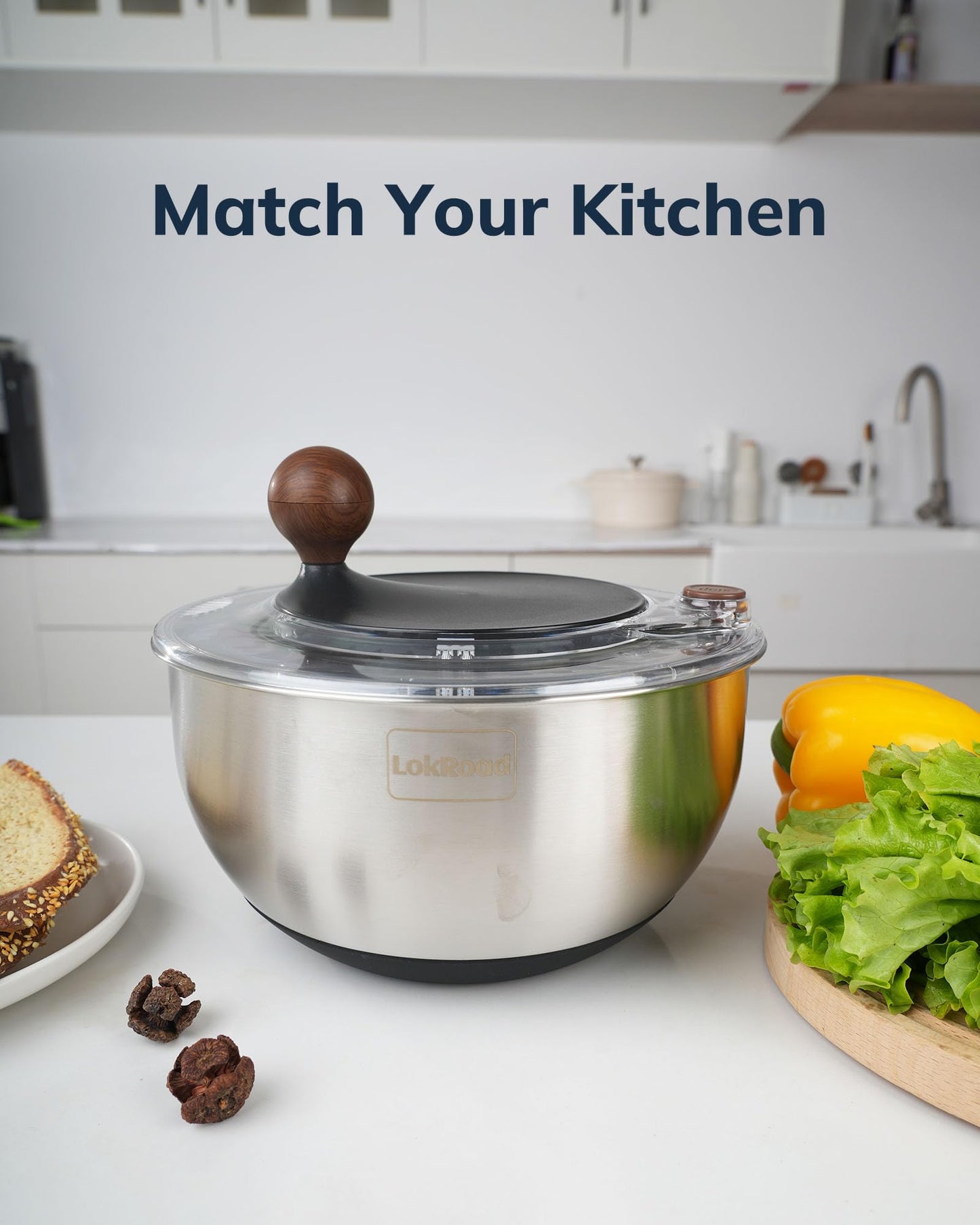 LokRoad Stainless Steel Salad Spinner, 5.3 Qt Large Lettuce & Vegetable Cleaner with Non-Slip Bottom, Quick Stop Button, Dishwasher Safe Fruit Washer, BPA-free, Black