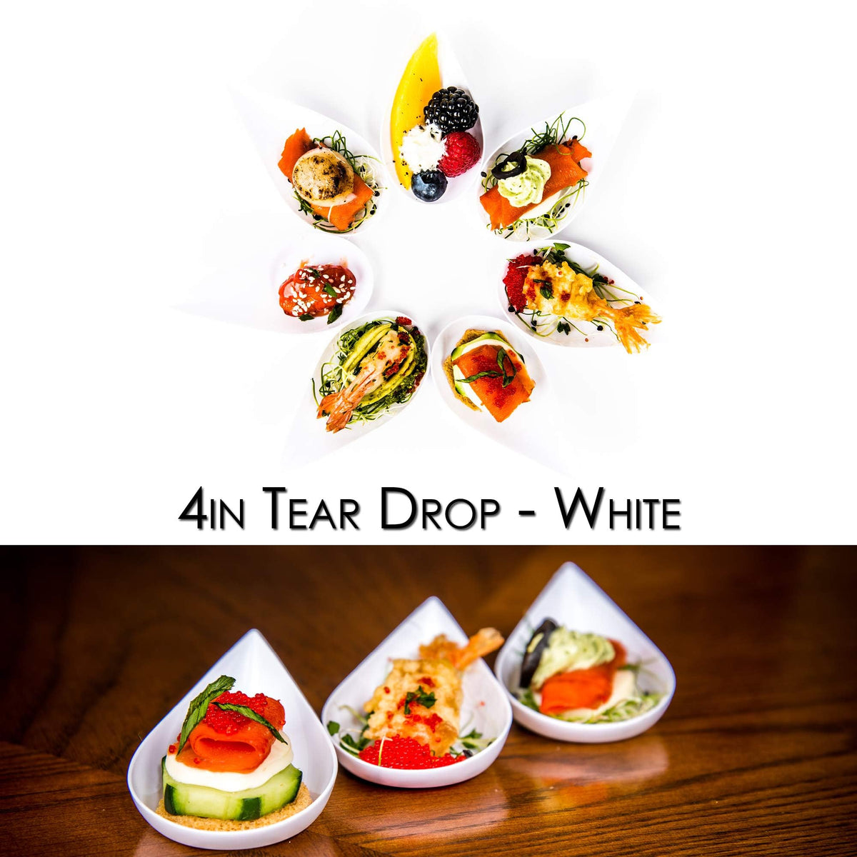 DLux 100 4-in Tear Drop Mini Appetizer Plates with Forks, Reusable White Plastic Spoons - Desserts and Appetizers Dishes Serving Plate - Asian Spoon Set, Small Catering Dessert Tasting Cups