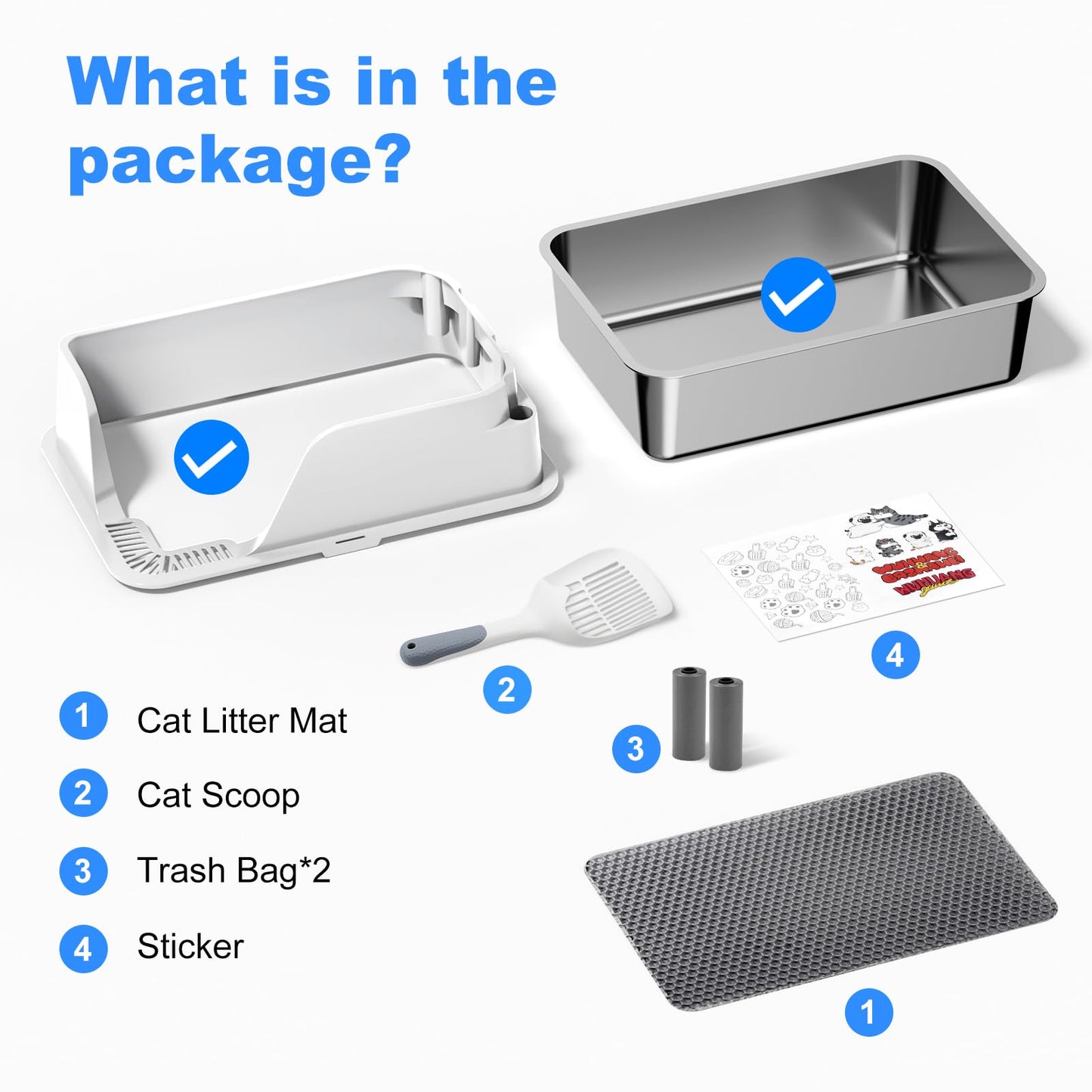 Stainless Steel Cat Litter Box with Lid, XL for Big Cats, High Sided Metal Litter Pan, Anti Leakage,Odor-Free & Easy Cleaning,Included Scoop &Trash Bag*2 & Mat & Sticker (White)