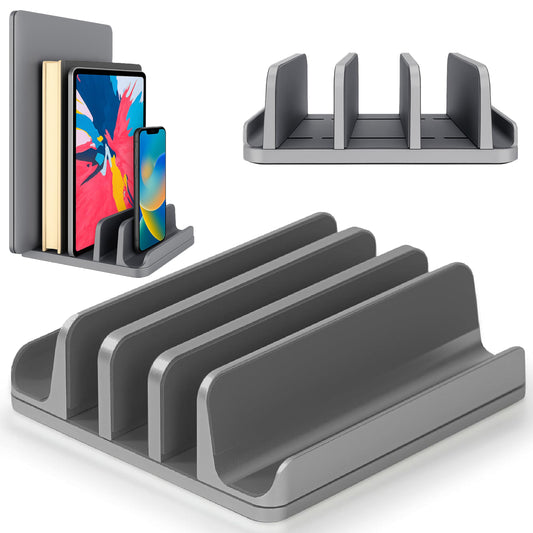 Multiple Laptop Holder Vertical – Adjustable Laptop Vertical Stand Holds 5 Devices, Fits All MacBooks Laptops Tablets and Mobiles (up to 17.3”). Closed Upright Vertical Laptop Stand for Desk (Grey)