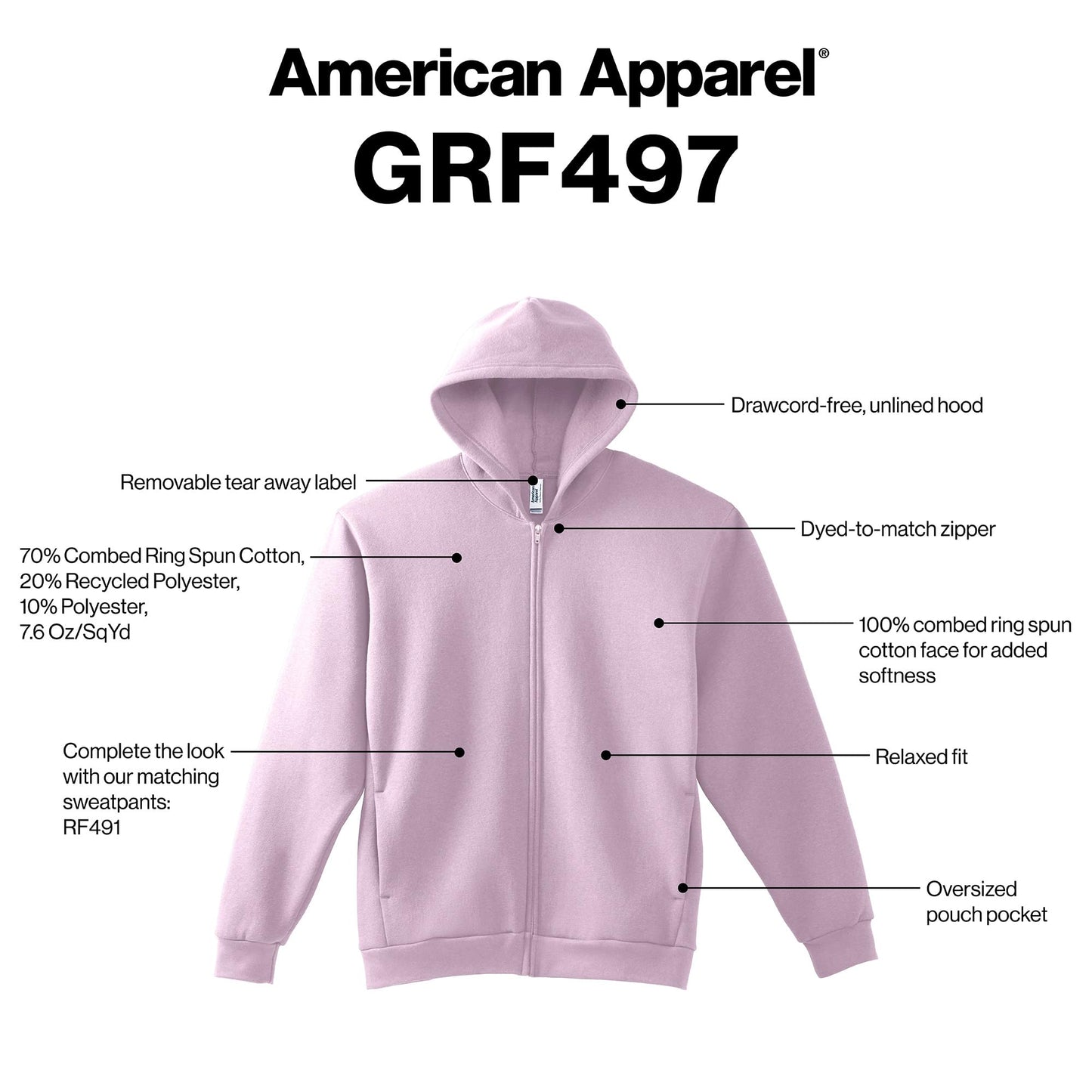 American Apparel Unisex Reflex Fleece Full Zip Hoodie Sweatshirt, GRF497AA, Bone, Large
