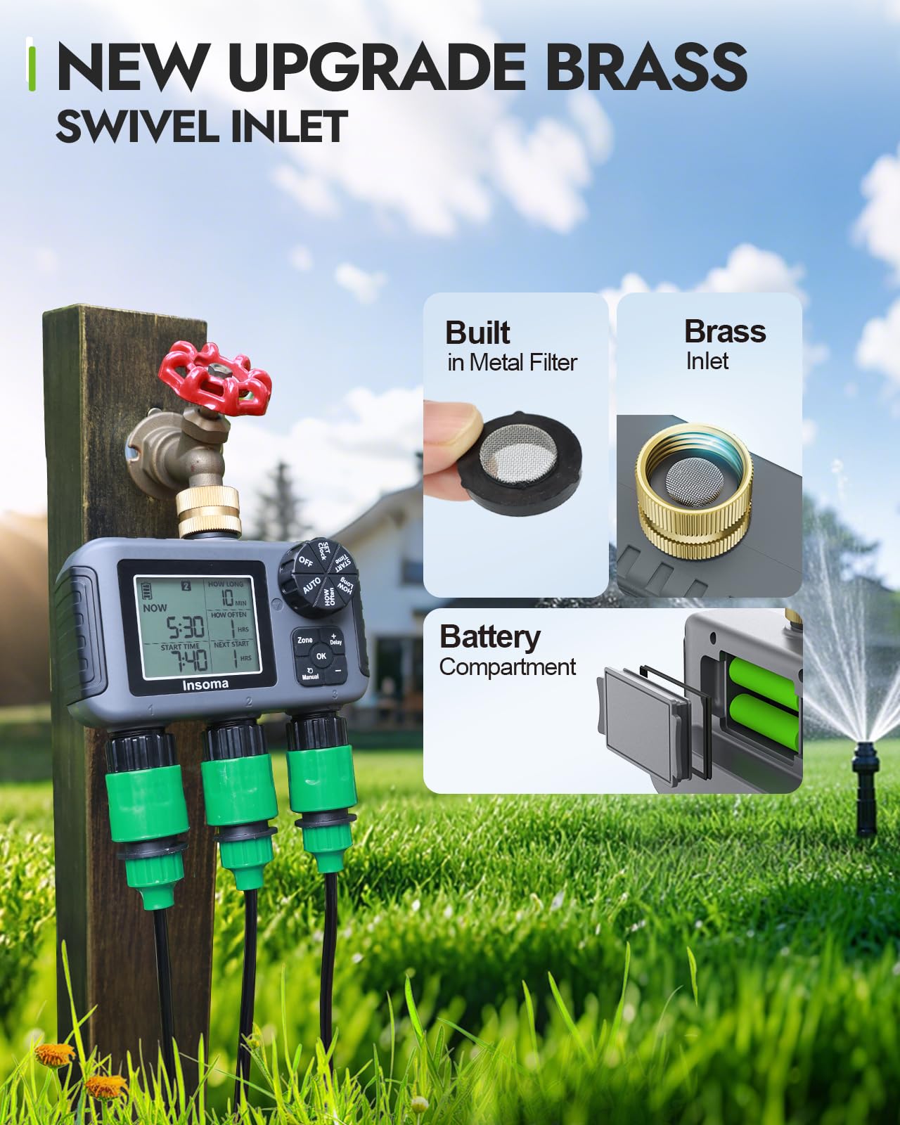 Insoma 3-Zone Water Timer Brass Inlet, Outdoor Sprinkler Timer + Waterproof IPX5, Programmable Automatic/Manual Watering, Rain Delay & Large Display, Suitable for Garden, Lawn, Yard Water Hoses