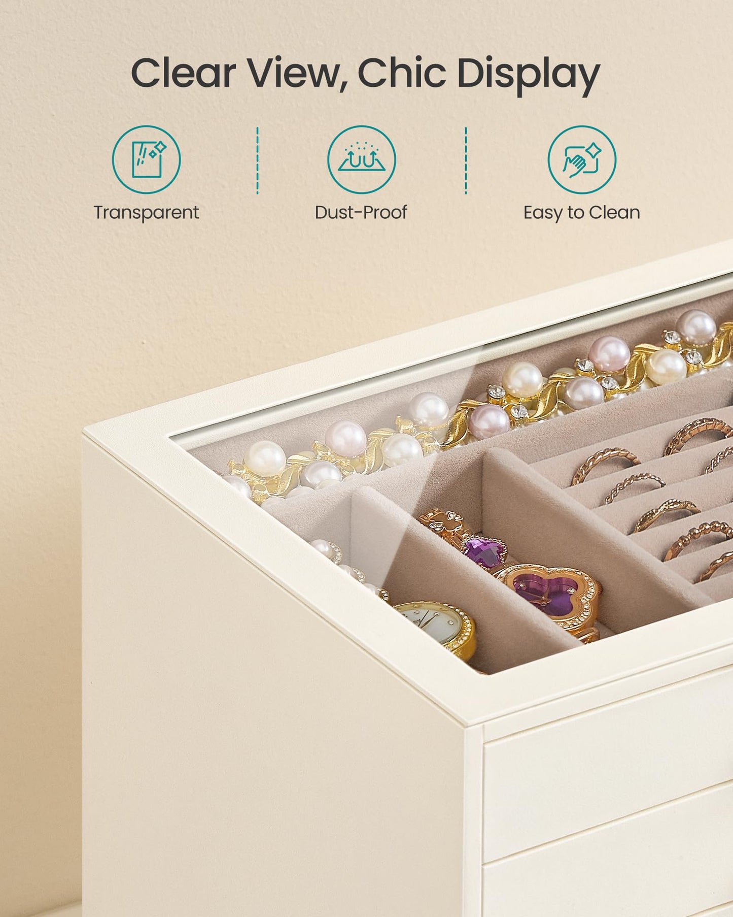 SONGMICS 5-Layer Jewelry Box with Glass Window, Jewelry Storage Organizer with 5 Drawers, Golden Handles, for Rings, Earrings, Bracelets, Gift Idea, Cream White, 6.8 x 9.4 x 7.2 Inches UJBC205WD01S