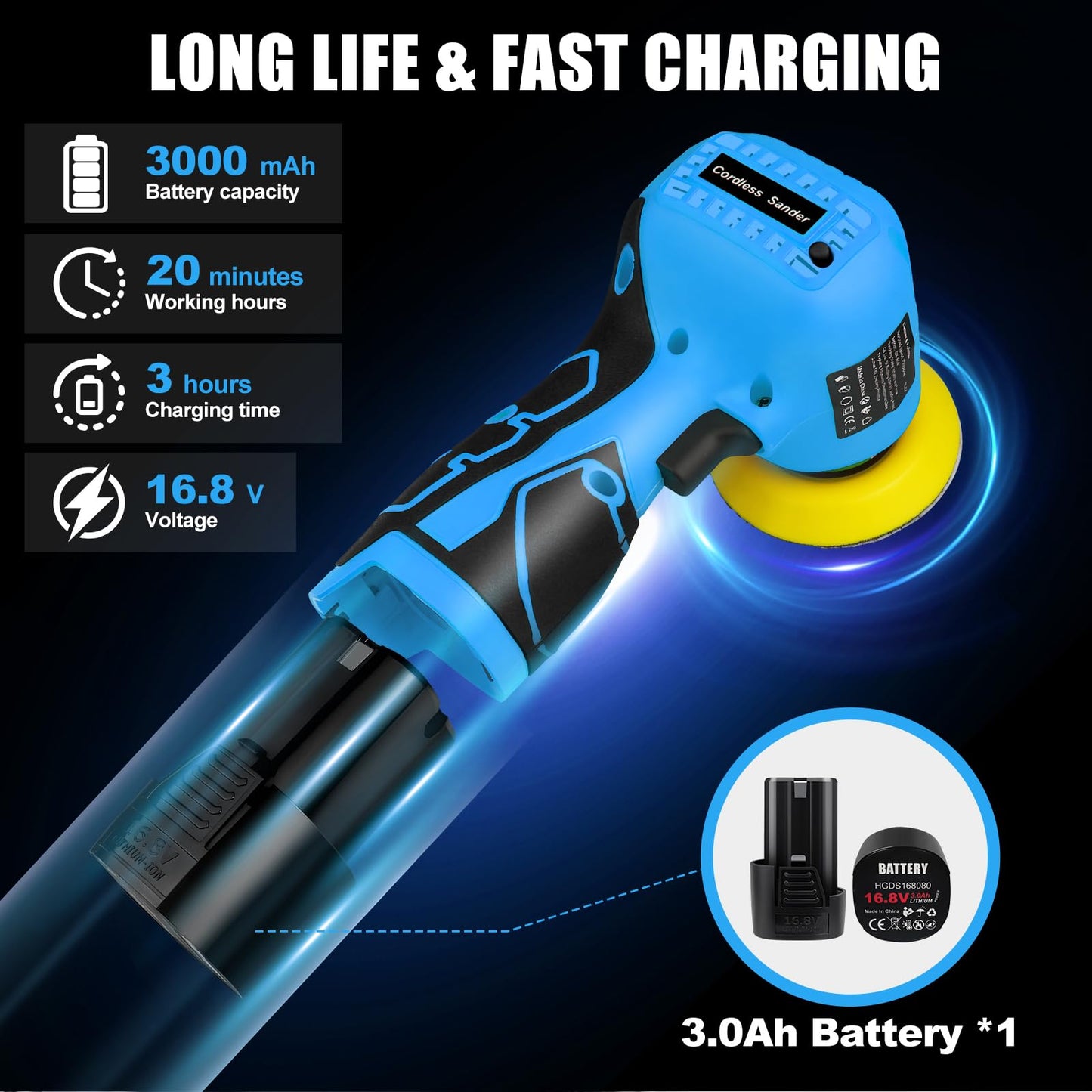 16.8V Cordless Electric Sander with 36PCS Sandpapers, 3500 RPM, 3.0Ah Battery, Lightweight & Compact Design for Wood, Metal, Paint Removal, and DIY Projects