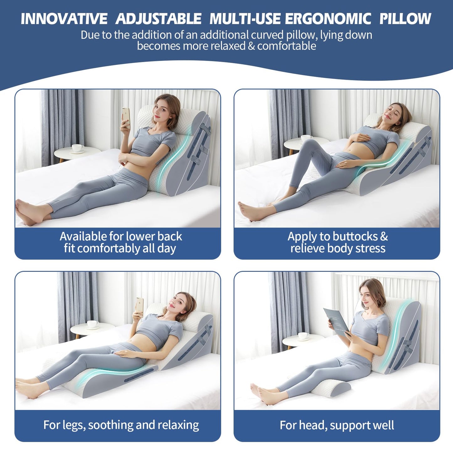 4PCS Orthopedic Bed Wedge Pillow Set with Full Memory Foam Waist Pillow, Wedge Pillow for Back Pain Relief, Adjustable Bed Wedge Pillow for Sleeping, Post Surgery, Leg Elevation, Acid Reflux & GERD