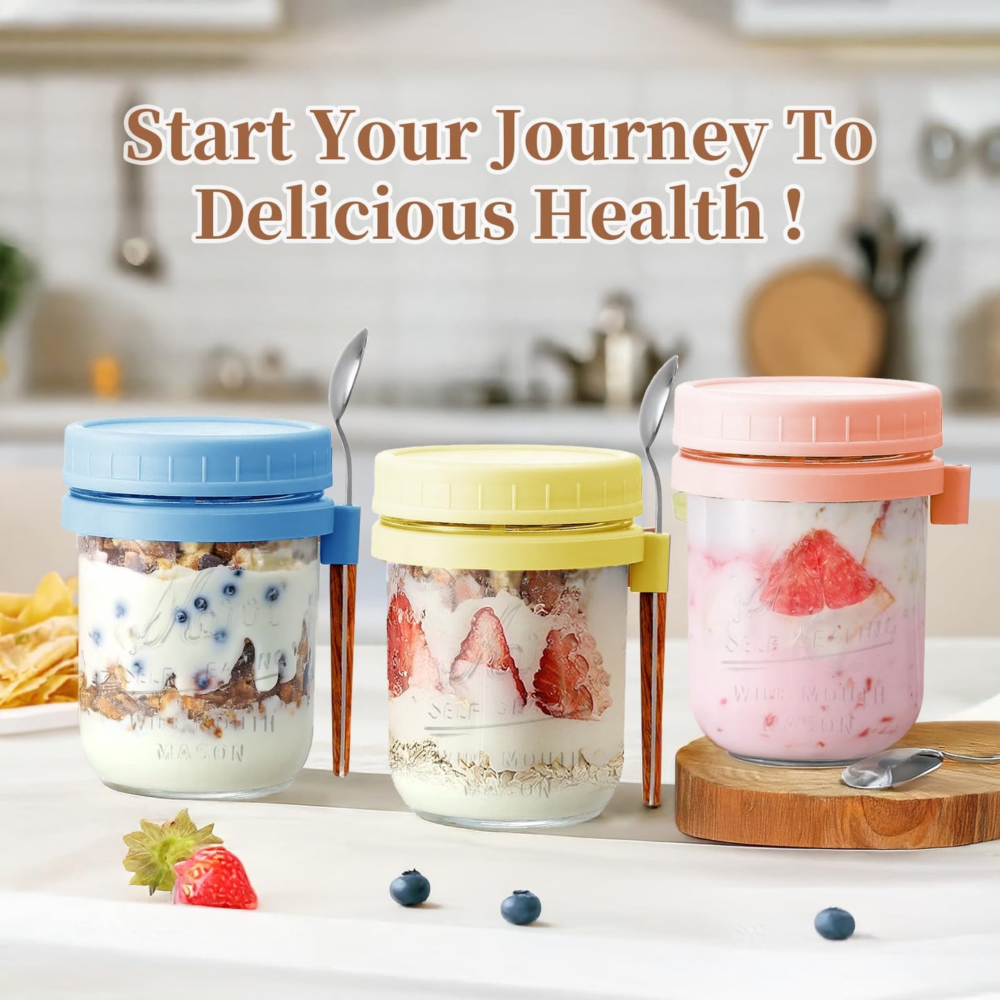 AsstarJTK 6 Pack Overnight Oats Containers with Lids and Spoons - 16 Oz Glass Mason Jars for Overnight Oats Airtight Jars Leak Proof Oatmeal Container Meal Prep Jar for Yogurt,Milk,Cereal,Fuirt,Salad