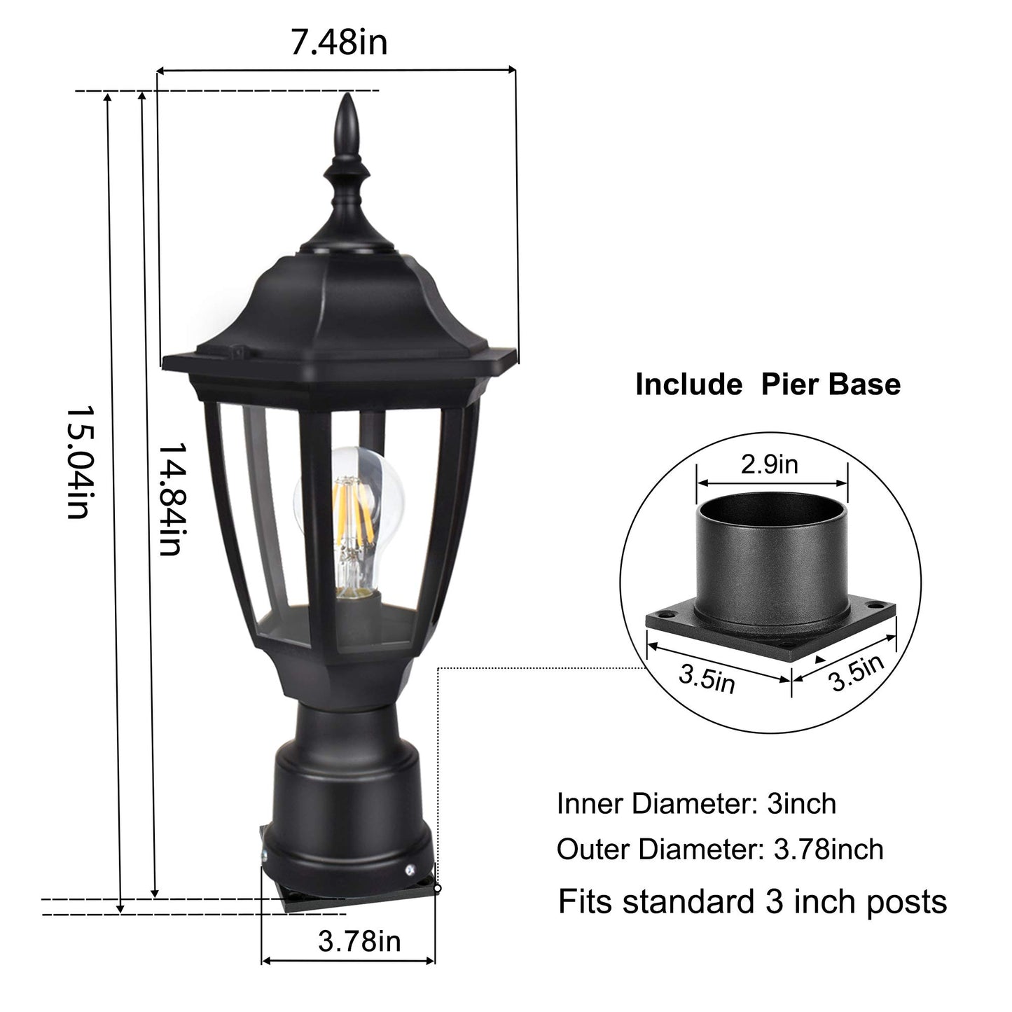 FUDESY Outdoor Post Lights, Electric Exterior Lamp Post Light Fixture with Pier Mount Base, LED Bulb Included, Anti Corrosion Black Plastic Materials, Pole Lanterns for Garden, Patio, Pathway
