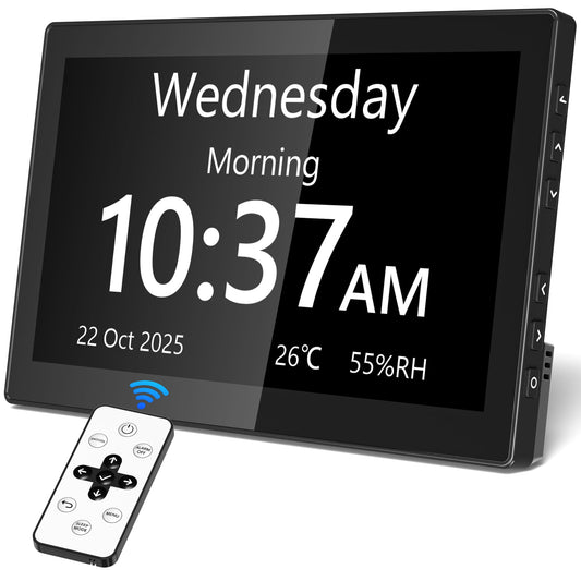 10.1'' Large Display Dementia Clock for Seniors, Calendar Clock with Remote Control,12 Themes, 20 Alarms, 20 Reminders, 6 Languages, Auto Dimming, 12/24 Hours, Indoor Temperature, Humidity