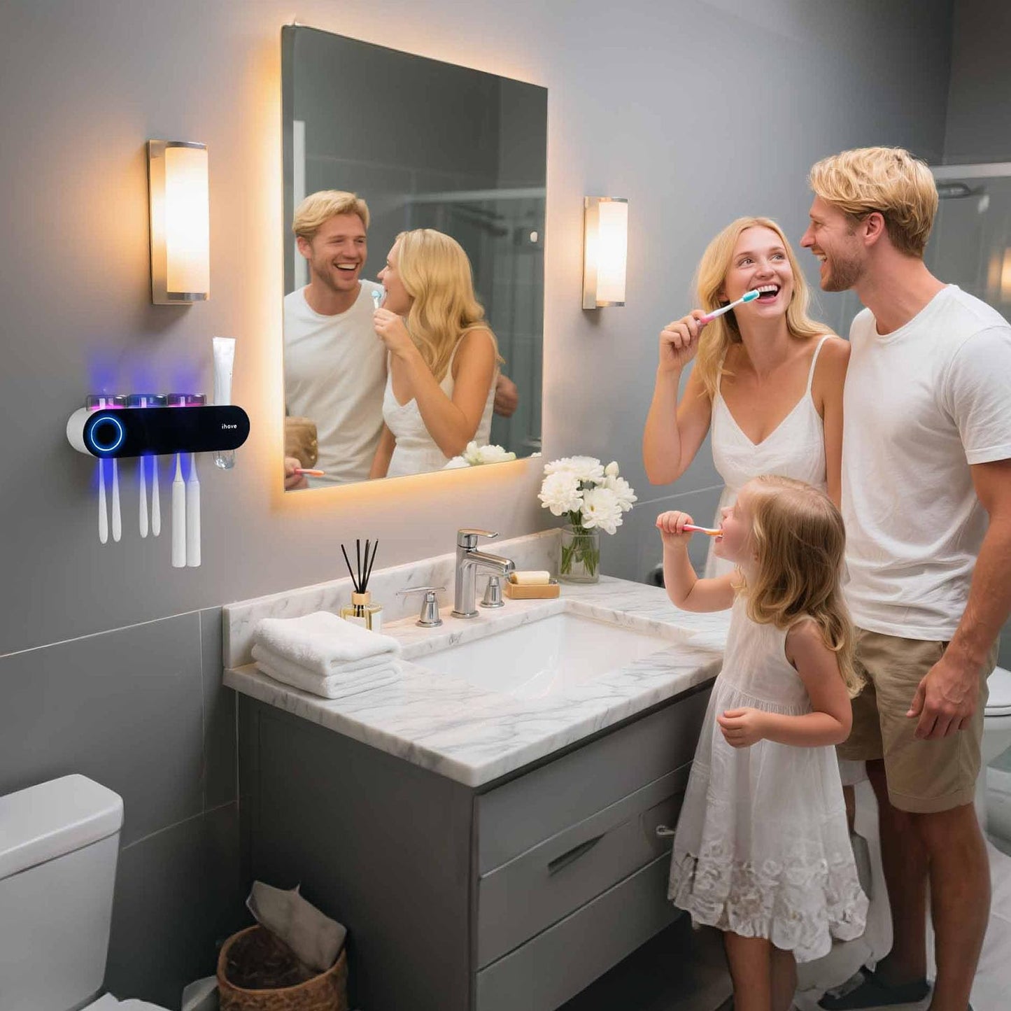 iHave Toothbrush Holder for Bathroom, UV Toothbrush Sanitizer and Holder Smart Home Bathroom Accessories, 3 Cups Electric Toothbrush Holder Wall Mounted with Toothpaste Dispenser Bathroom Decor