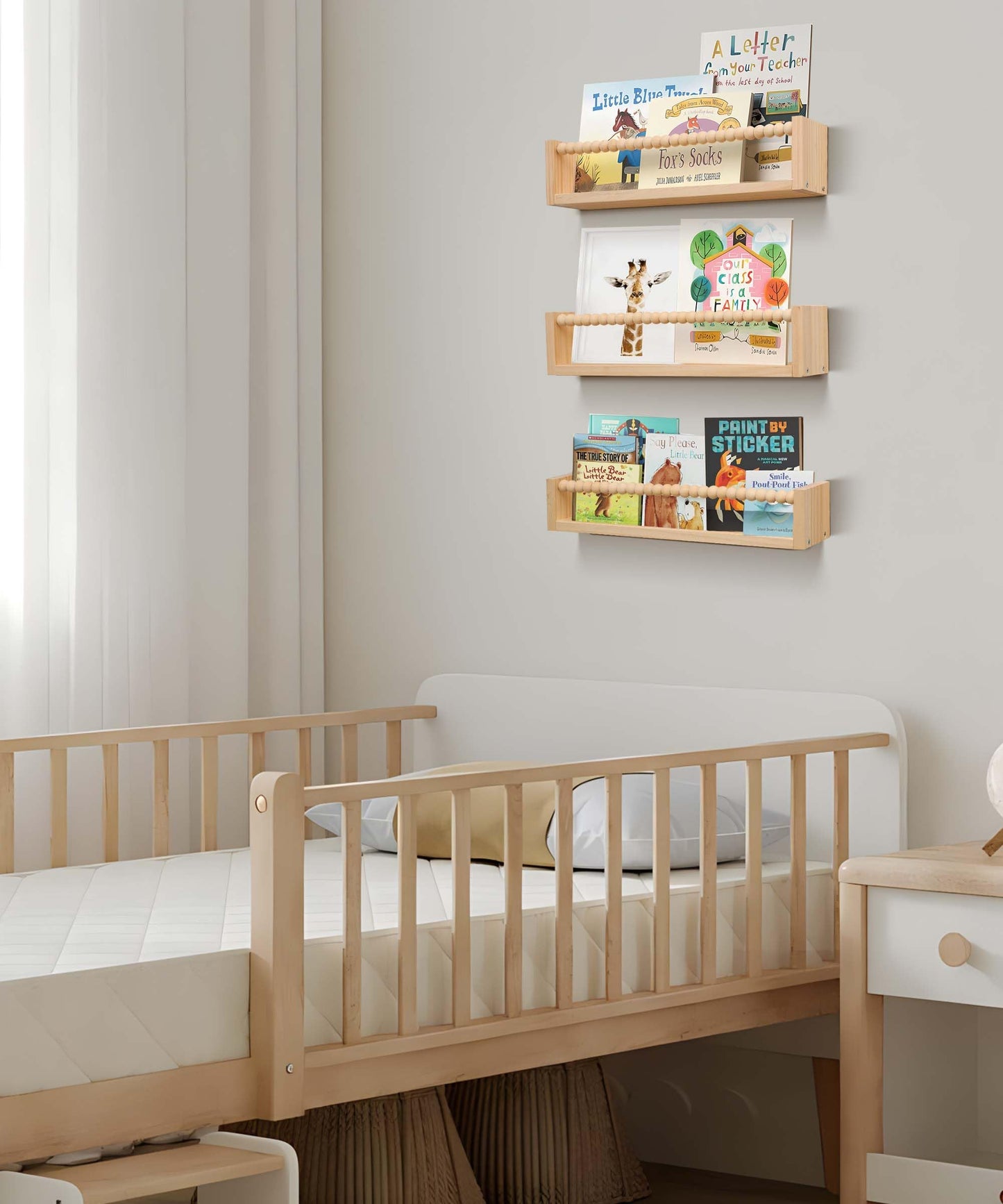 TUEGEGNS Nursery Book Shelves for Kids Rooms with Beads Set of 3,Wooden Floating Wall Bookshelves for Kids (Set of 3 Natural)