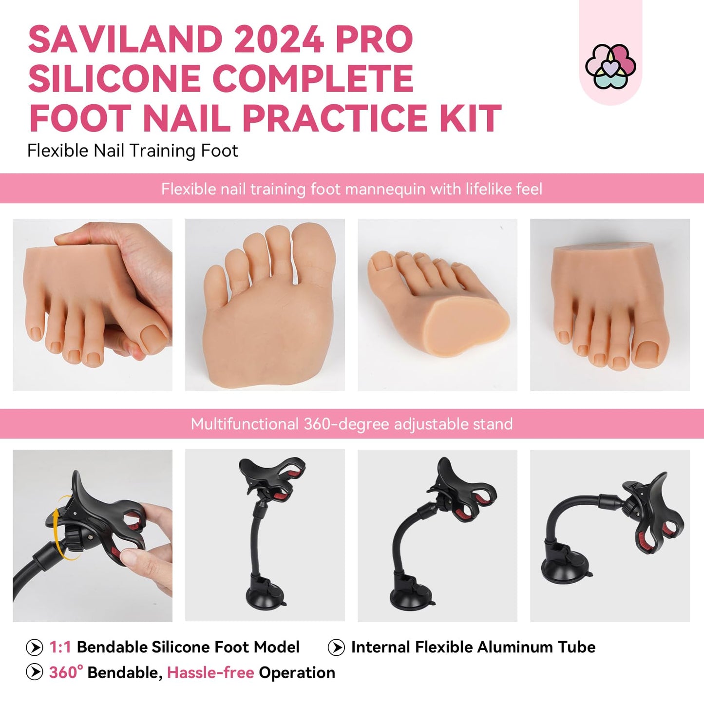SAVILAND Silicone Foot for Nail Practice: 2025 Upgraded UP-TO-REAL Flexible Nail Foot Bendable Nail Foot Mannequin Table Clip Practice Foot Acrylic Nails Toe Fake Feet Salon Nail Art Learner (Right)