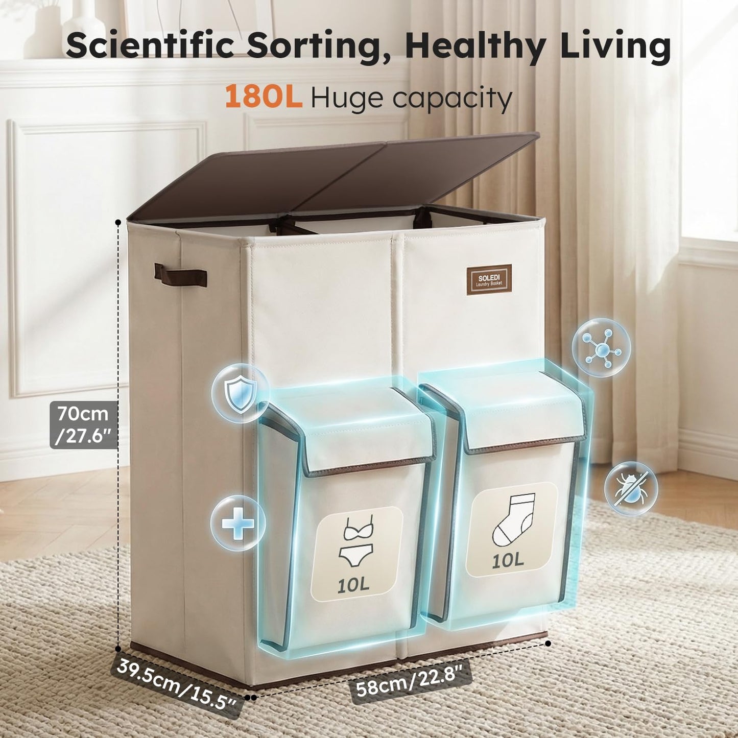 SOLEDI 180L 4-Section Laundry Hamper with Lid,Dirty Clothes Hamper with Removable Bag,Large Laundry Basket 2 Section with 2 Side Pockets,Collapsible,Easy to Carry,for Laundry Room,Bedroom,Light Beige