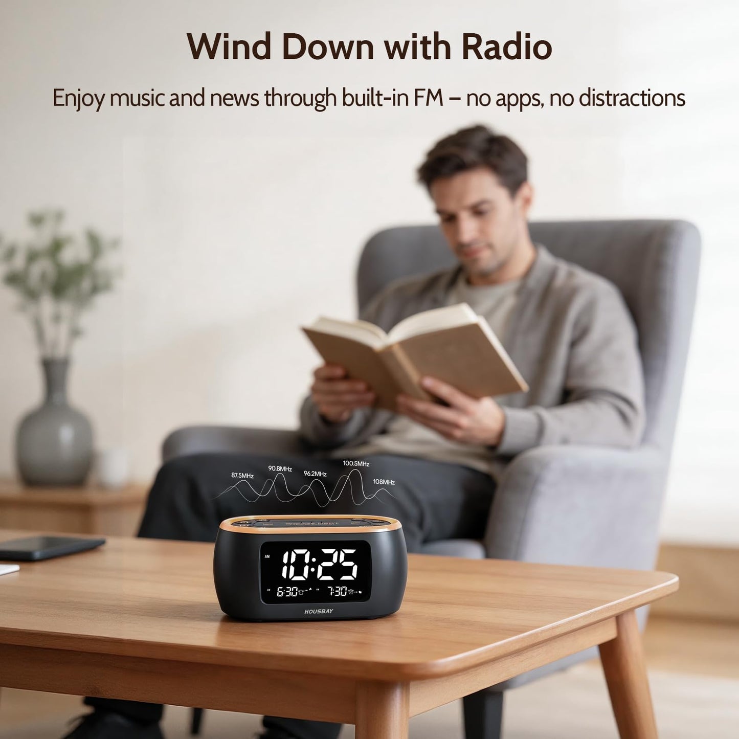 HOUSBAY Digital Alarm Clock Radio for Bedrooms, Phone-Free Wake-up with Dual Alarm, Night Light, Small Radio Clock for Bedside