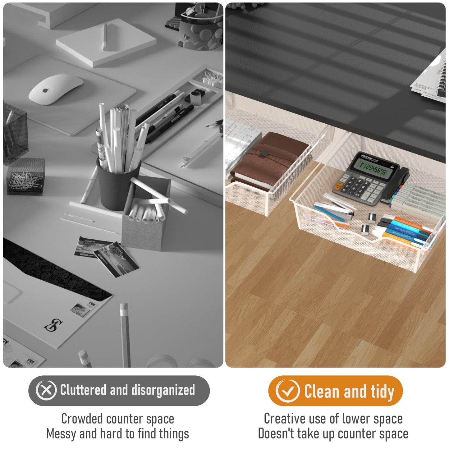 Under Desk Drawer 2 Pack White Under Table Storage Drawers Organizer Adhesive Slide Out Mesh Drawer Under Table Slide Out Hidden Drawer Metal for Home Office