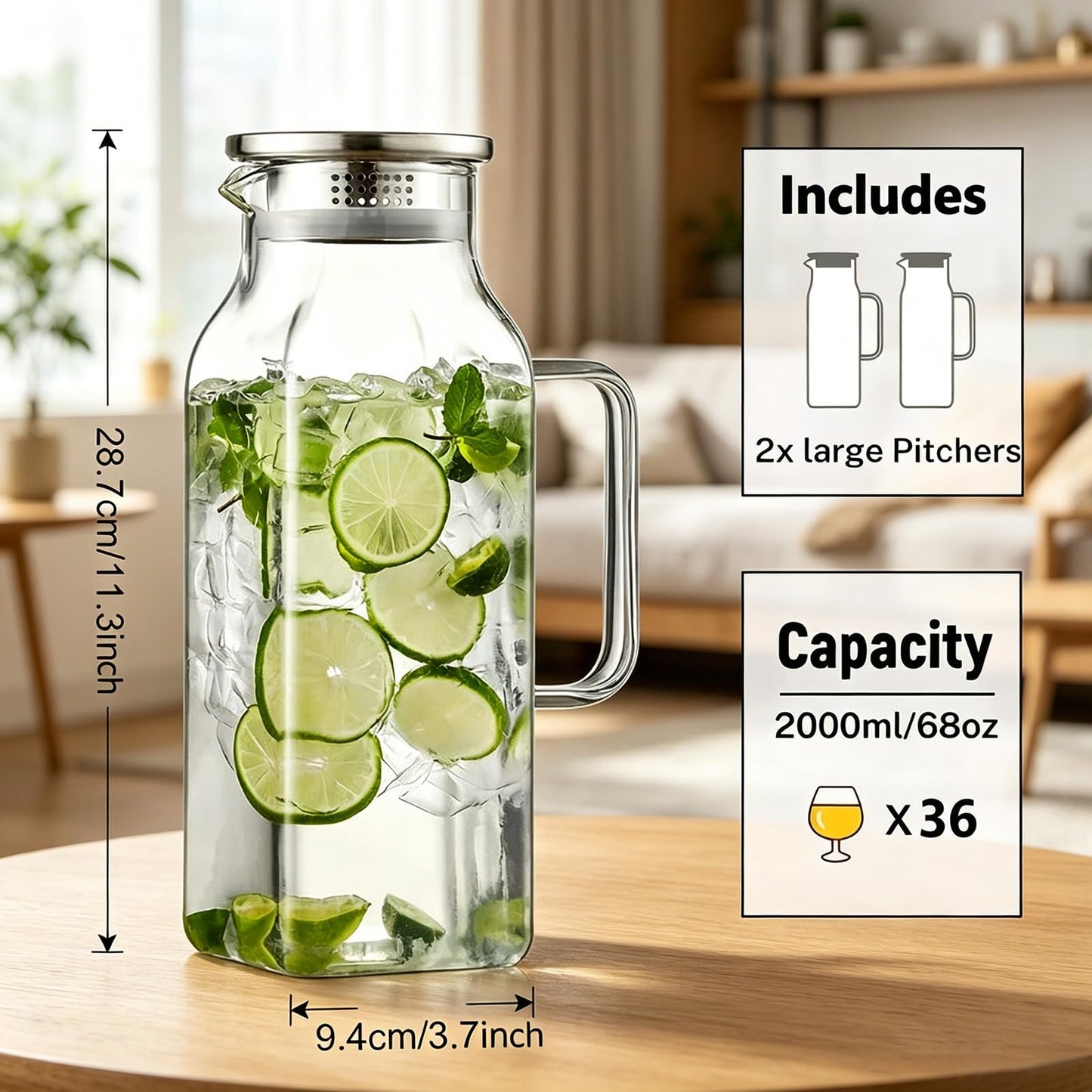 SYDALARAW 2 Pack Glass Water Pitcher, 2 Liter/68 oz Square Glass Pitcher with Lid and Handle, Clear Heat Resistant Glass Water Jug Carafe Juice Container for Hot Tea, Cold Brew and Milk