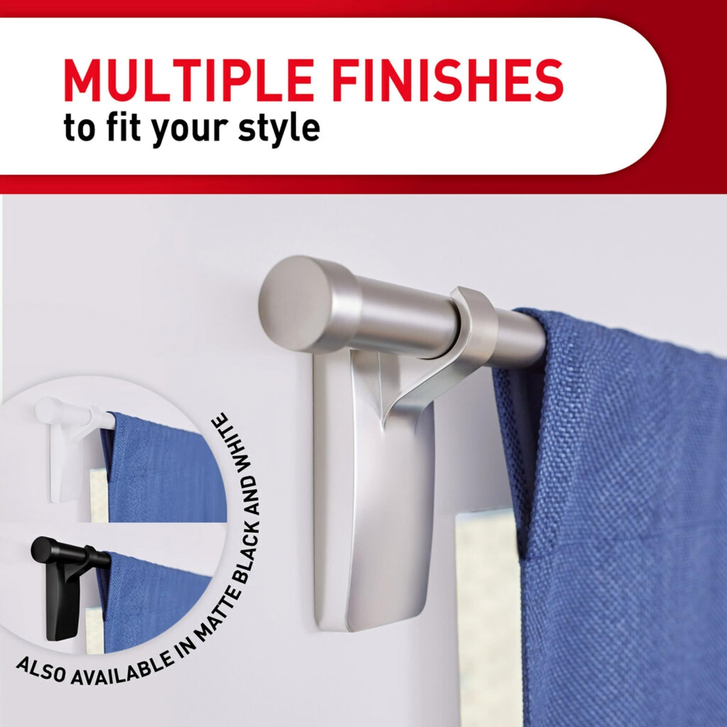 Command 10 lb Satin Nickel Curtain Rod Hooks, 2 Hangers and 4 Command Strips, No Drilling Home Decor and Room Decor, Use with Rod Diameters 0.5-0.75"