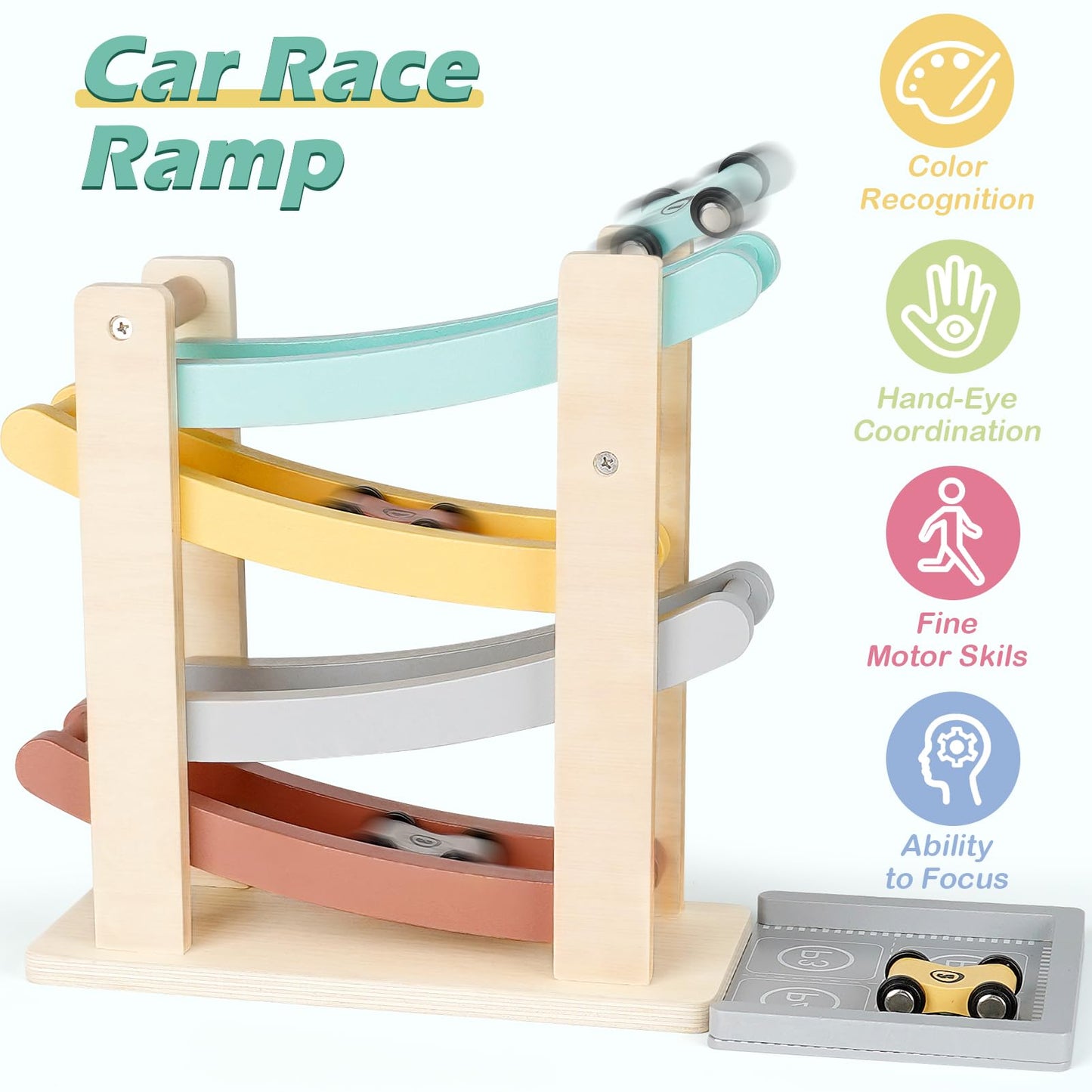 Montessori Toys for 1 Year Old Boy Gifts, Wooden Car Ramp Toys for 1 2 Year Old Boy Girl Birthday Gifts, Race Track Truck Car Toy with 4 Mini Cars/1 Parking Lot for Toddlers 1-3