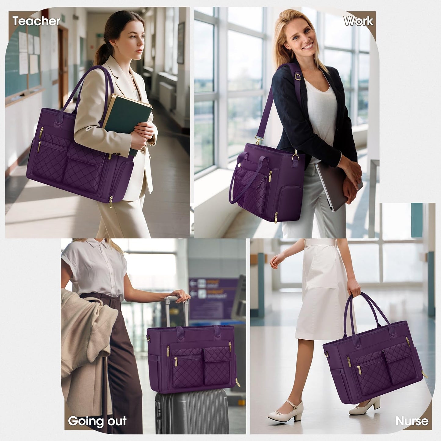 RAINSMORE Teacher Tote Bag with Insulated Lunch Compartment 15.6 inch Laptop Bag for Women Large Work Bags Nurse Bags Professional Briefcase Computer Handbag for Office, College, Nursing, Dark Purple