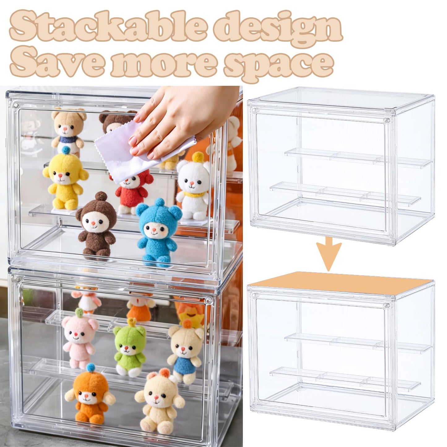 Clear Display Case for Figures, 3 Tier Acrylic Display Case, Tiered Display Stand Storage Box, Acrylic Display Box with Magnetic Door (2 Packs)