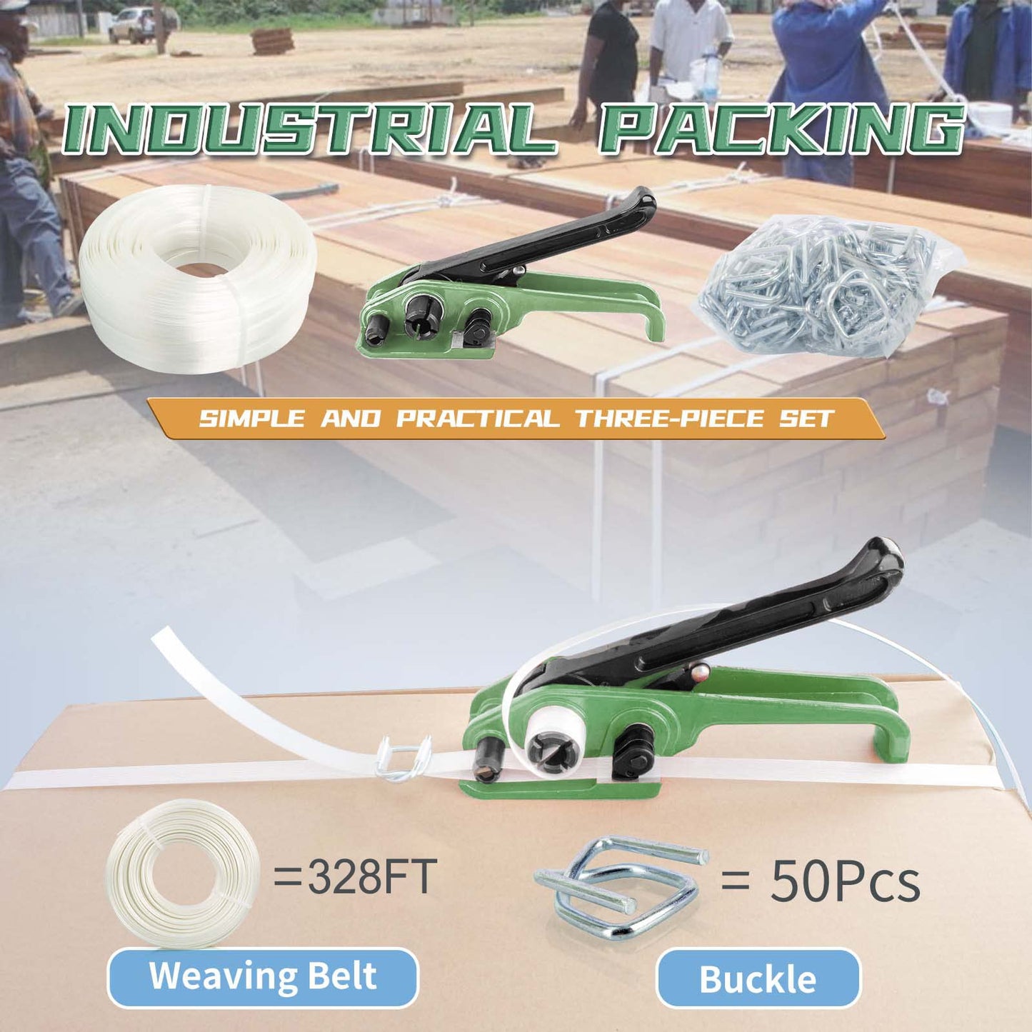 Woven Cord Strapping Kit, 2000 lbs Break Strength, Heavy Duty Strapping Tensioner, 50pcs Strapping Buckles and 328ft Fiber Woven Cord Strapping Roll 3/4" Width Soft Polyester