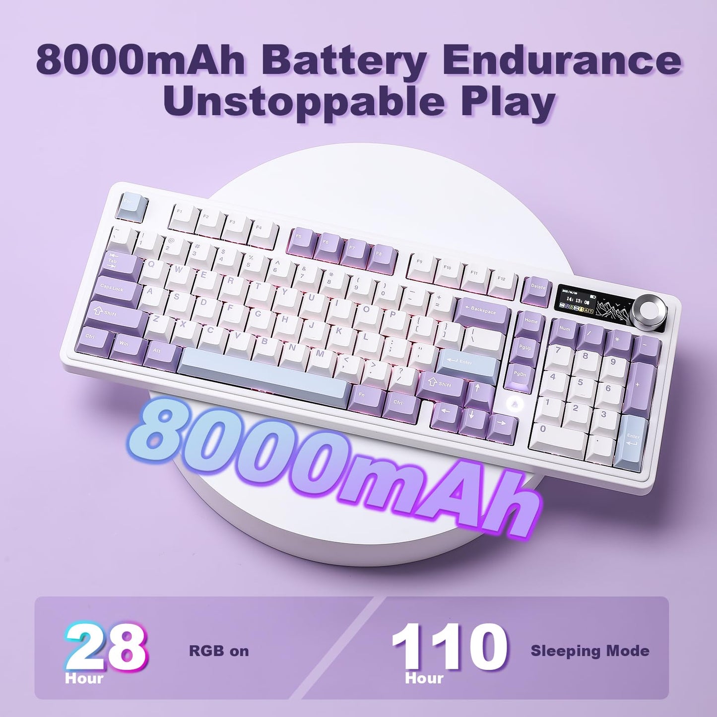 MIKIBY AJAZZ AK980 Mechanical Gaming Keyboard with Smart Display & Knob,98% Wireless Keyboard Tri-Mode BT/2.4G/USB-C, Hot Swappable, PBT Keycaps, with RGB Light for Win & Mac(Purple,Murad Switch)