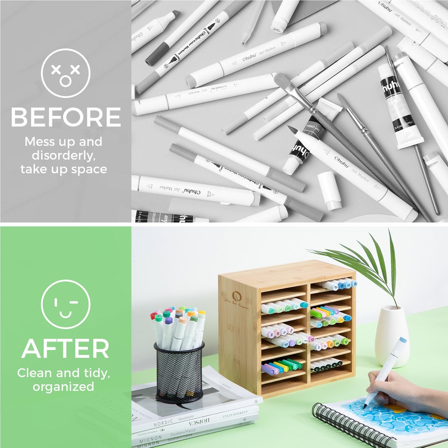 Ohuhu Bamboo Marker Organizer, Wooden Desktop Storage Hold 126 Markers, Markers Pens Pencils Art Brushes Stationary Organizer Pencil Holder with 18 Compartments