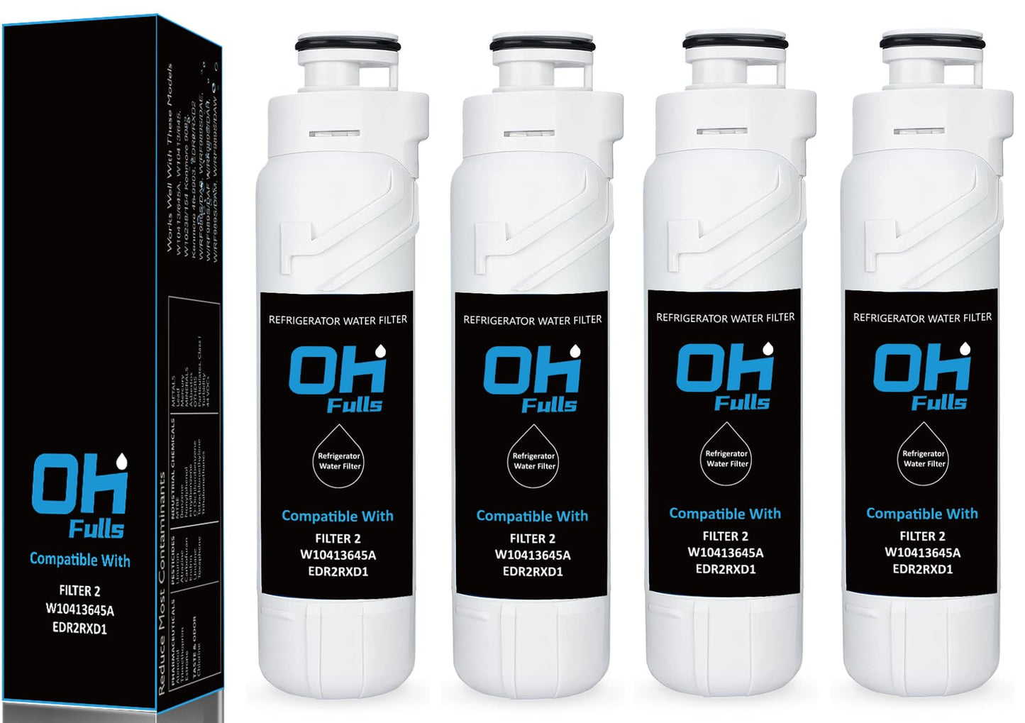 OHFULLS W10413645A Refrigerator Water Filter Replacement, Compatible with W10413645A Filter 2 EDR2RXD1 Refrigerator Water Filter 2, 9082, 9903 Water Filter (4-Pack)