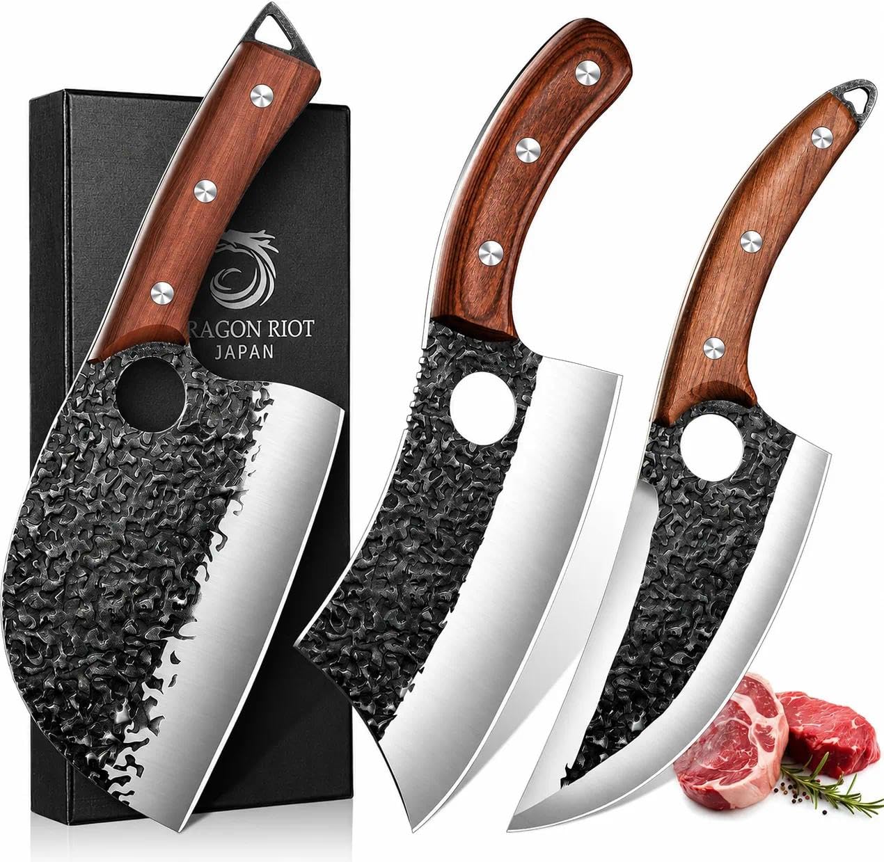 DRAGON RIOT Professional Butcher Knife Set for Meat Processing, 3Pcs High Carbon Steel Hand Forged Serbian Cleaver Chef Knife Set with Ergonomic Handles for Kitchen Outdoor Cooking