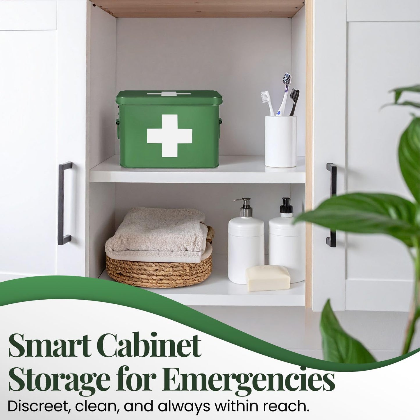 Flexzion First Aid Box Organizer, Empty 8.5 Inch Green Vintage First Aid Kit Tin Metal Medical Box First Aid Storage Box Container Bins with Dividers, Removable Tray and Cross Logo