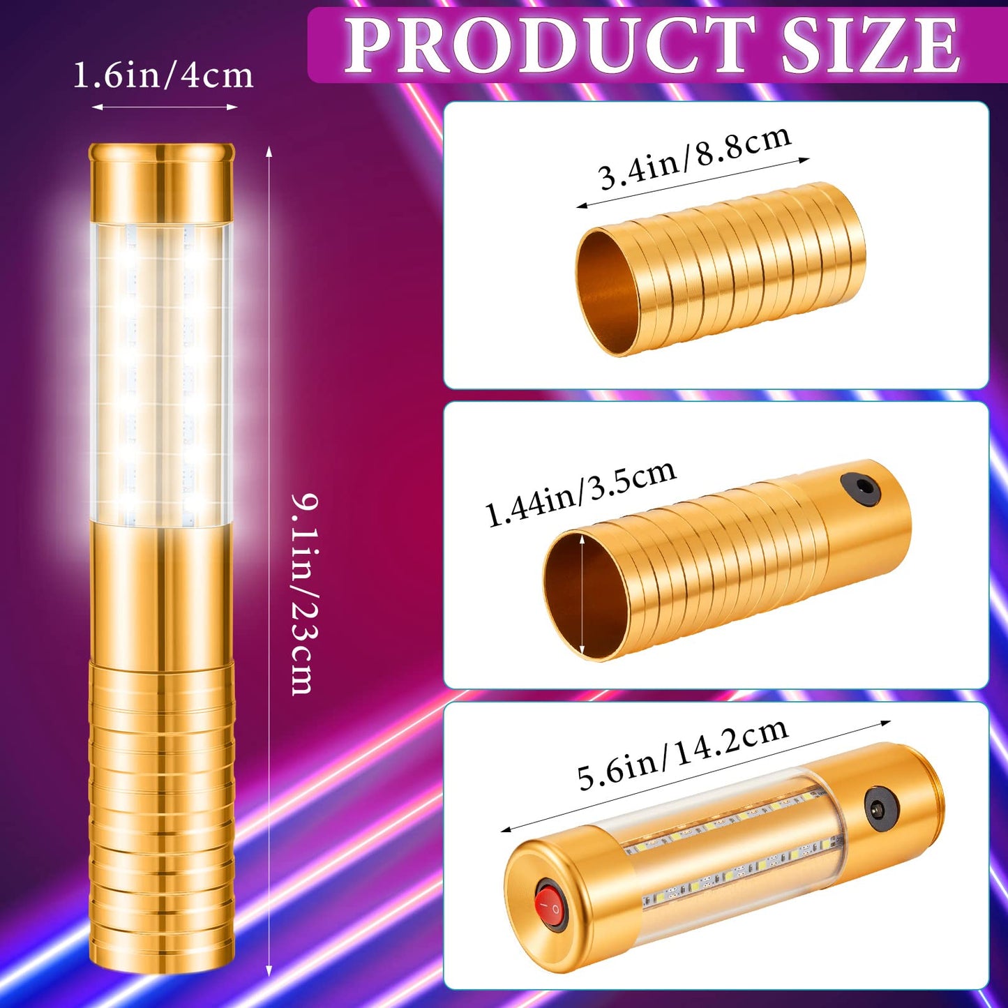 Civaner 2 Pcs LED Bottle Service Lights Strobe Bottle Girl Lights Baton Reusable Rechargeable Service LED Champagne for Bar Club Birthday Weddings Parties(Gold, White Light)