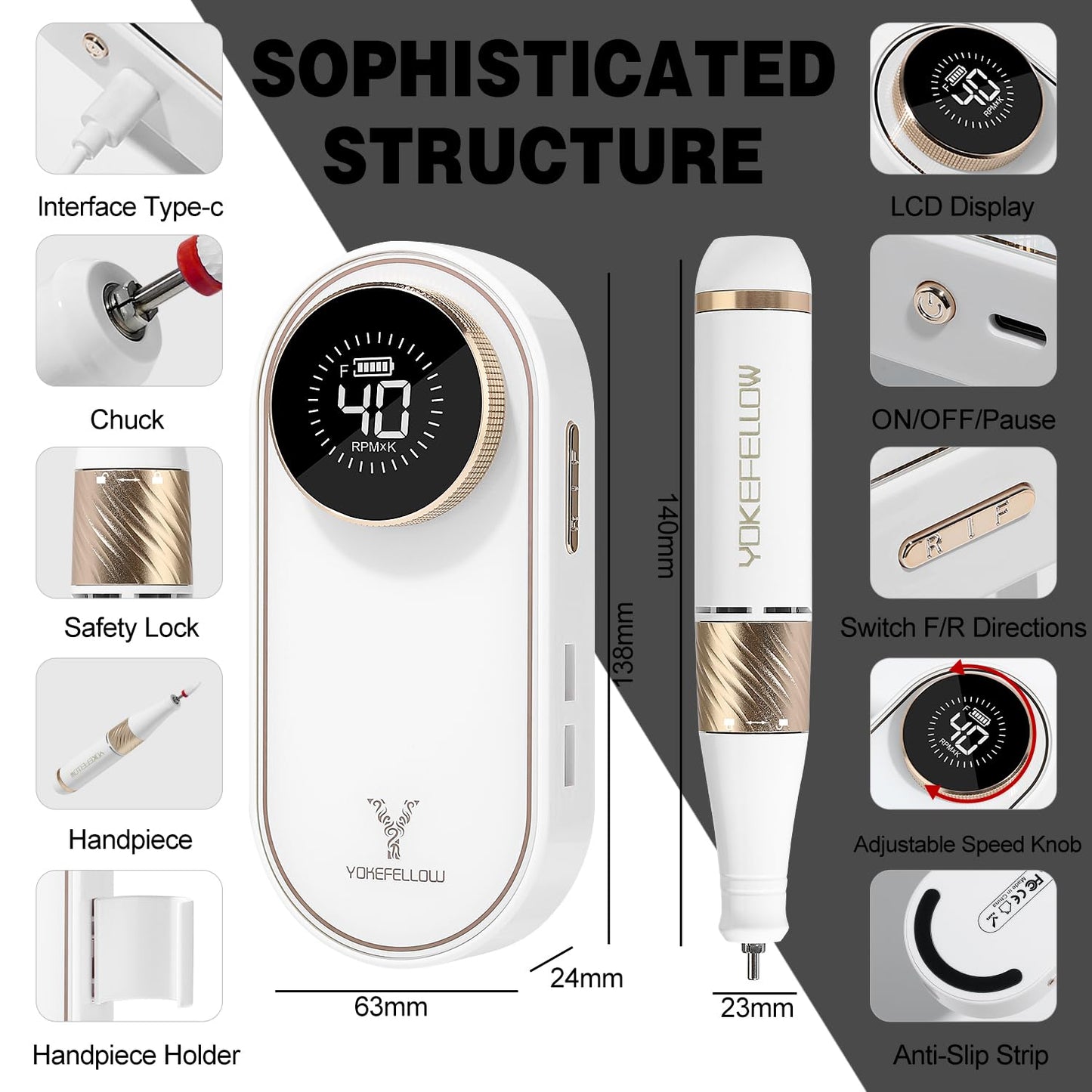 YOKE FELLOW Electric Nail File - 40000 RPM Rechargeable Nail Drill Machine Nail File with 12 Nail Drill Bits for Manicure Pedicure Acrylic Polishing Tools Kit for Salon Home Use