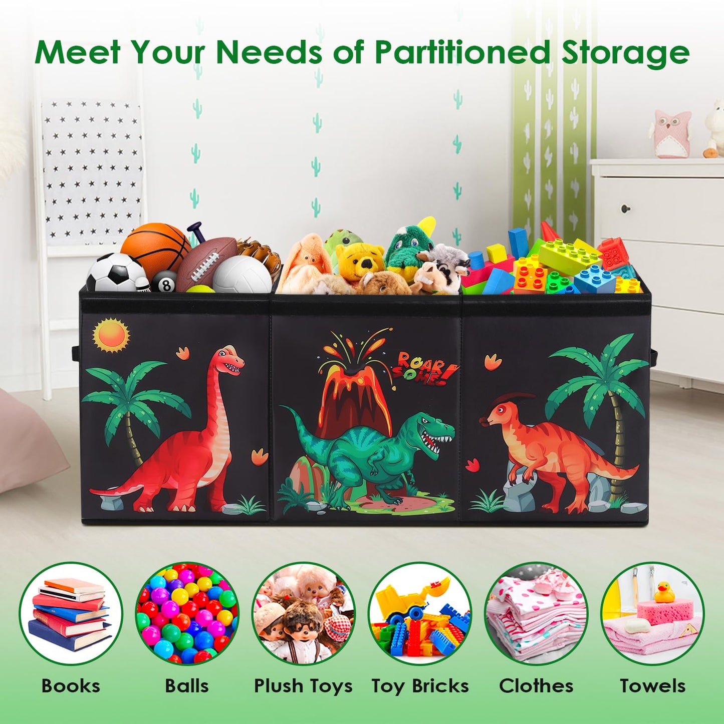 Extra Large Storage Box with Flip Lid,Collapsible Oxford Storage Organizer with Handles,Sturdy Waterproof Storage Chest for Bedroom,37.7×12.5×15.7''（Dinosaur）