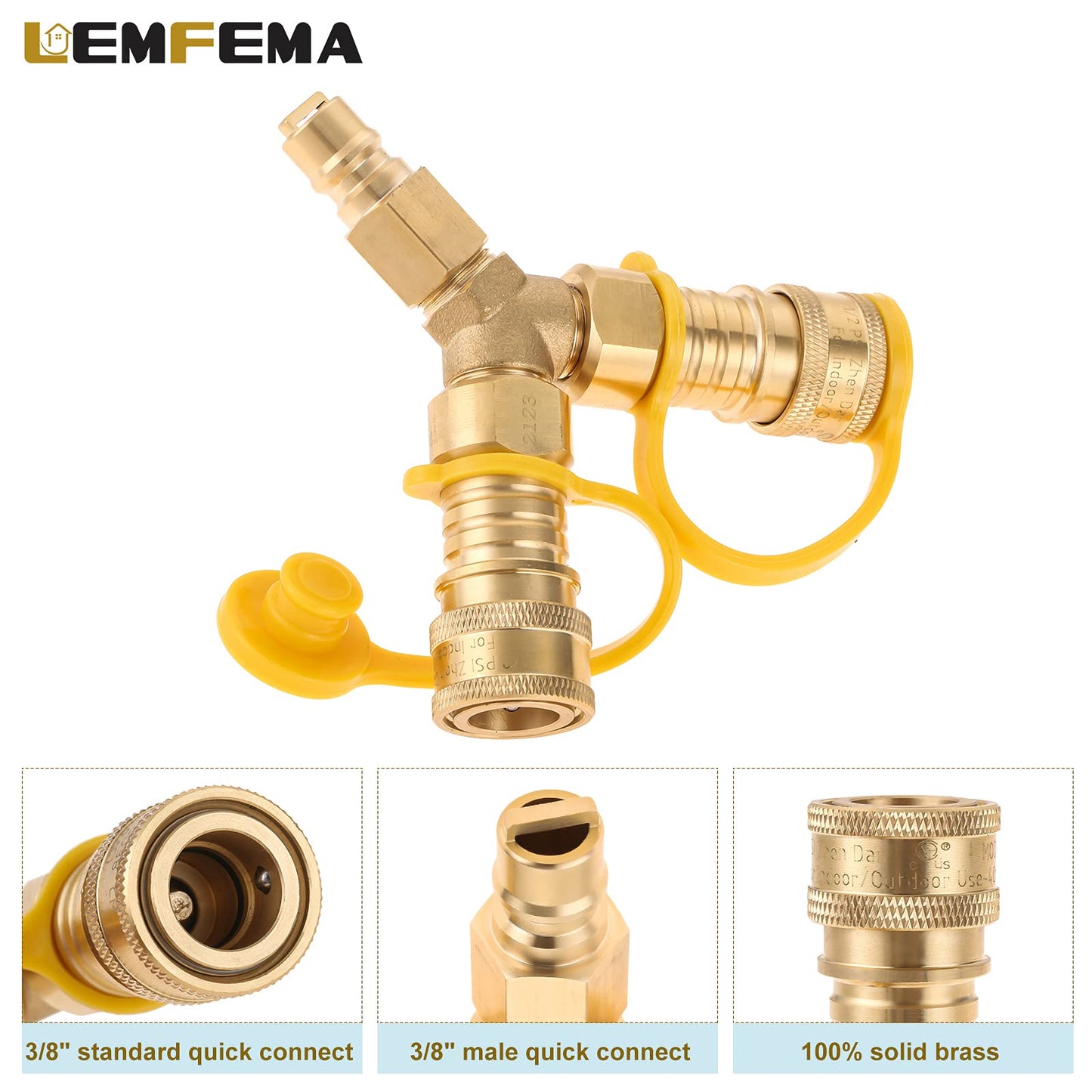 Lemfema 3/8" Gas Y Splitter Quick Disconnect, 2 Way 3/8" Propane Natural Gas Quick Connect, Fit for Natural Gas BBQ, Generator, Camping, Patio Heaters, RV