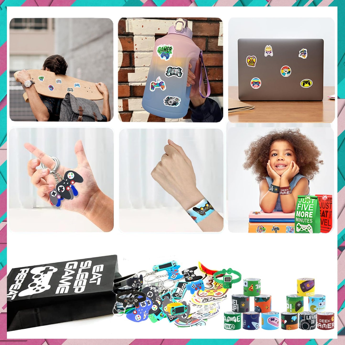 24 Sets of Video Game Party Favors, 220 Pcs Gaming Birthday Goodie Bags Including Game Keychain, Gift Bags, Slap Bracelet, Game Ring, Stickers, Hand Strap for Gaming Kids