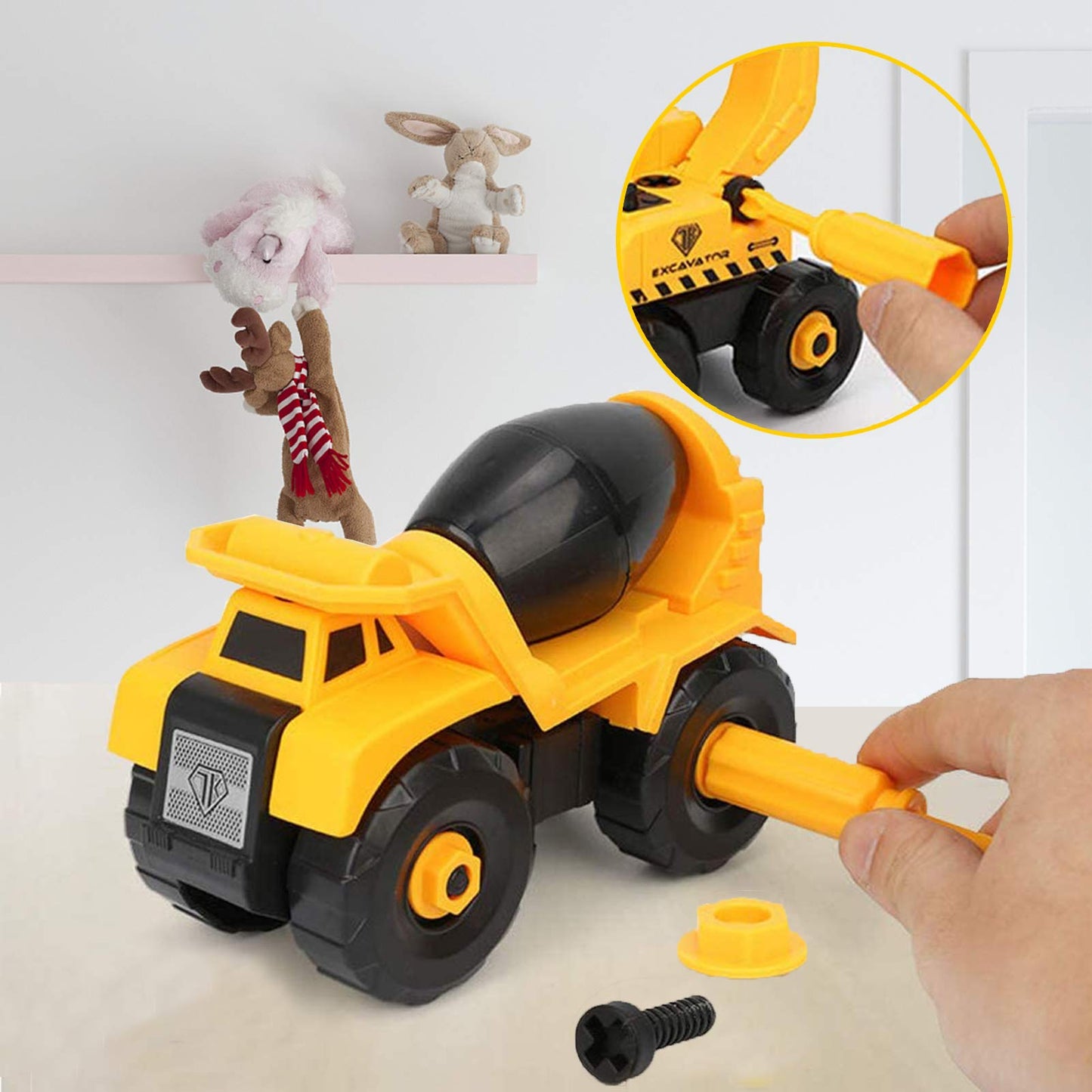 TEUVO Take Apart Truck Car Toys with Electric Drill, Construction Vehicles Building Excavator Toy STEM Trucks Vehicle Set for Kids, DIY Educational Gifts for Kids Ages 3 4 5 Boys Girls