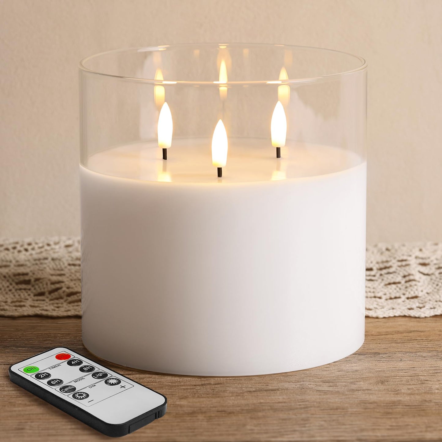 Eywamage 3 Wick Large Flameless Candles in Clear Glass, Flickering LED Battery Pillar Candle with Remote Φ 6" H 6"