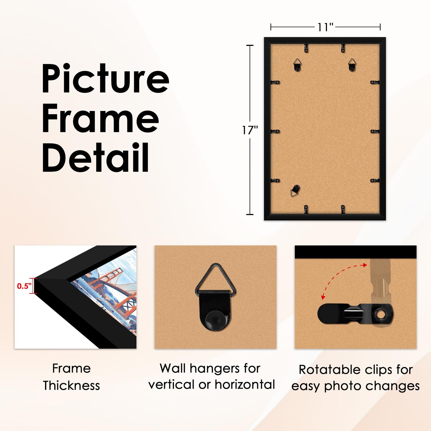 FIXSMITH 11x17 Picture Frame Set of 4, Photo Frame with HD Plexiglass, Display Pictures 9x15 with Mat or 11x17 Without Mat, Black Picture Frames Collage Wall Decor, Gallary Wall Frame