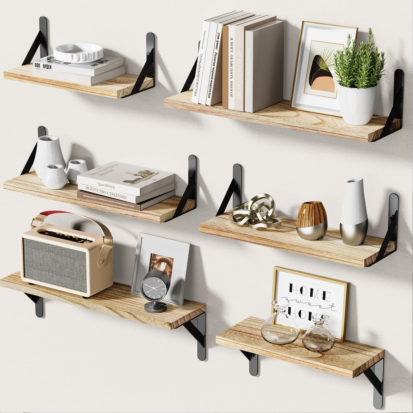 AMADA HOMEFURNISHING Wall Shelves Set of 6, Wood Floating Shelves for Wall Decor, Rustic Farmhouse Floating Shelf for Bedroom, Wall Shelf for Bathroom Storage, Book Shelves for Living Room