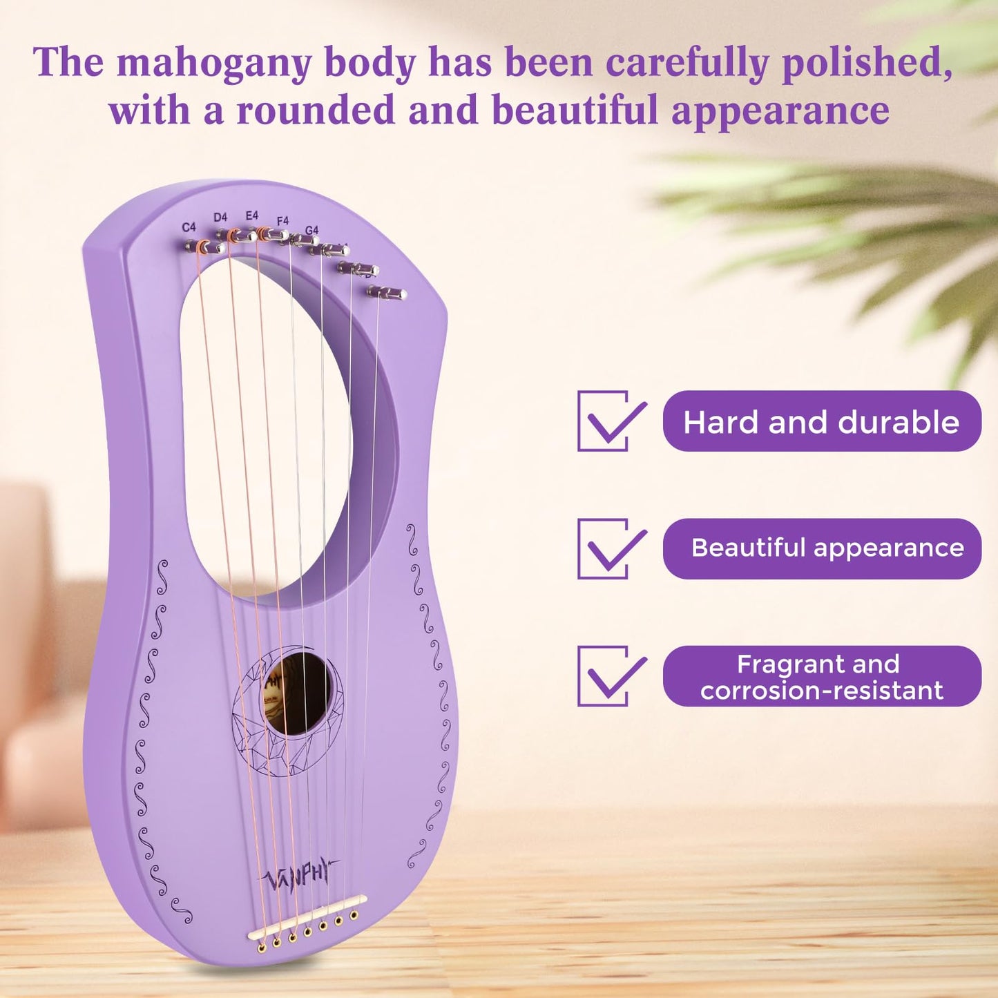 Lyre Harp VANPHY Lyre Harp 7 Strings Mahogany Body Metal String for Beginner Harps Classical Style Harp Instrument with Tuning Wrench Strings Gig Bag (Purple)