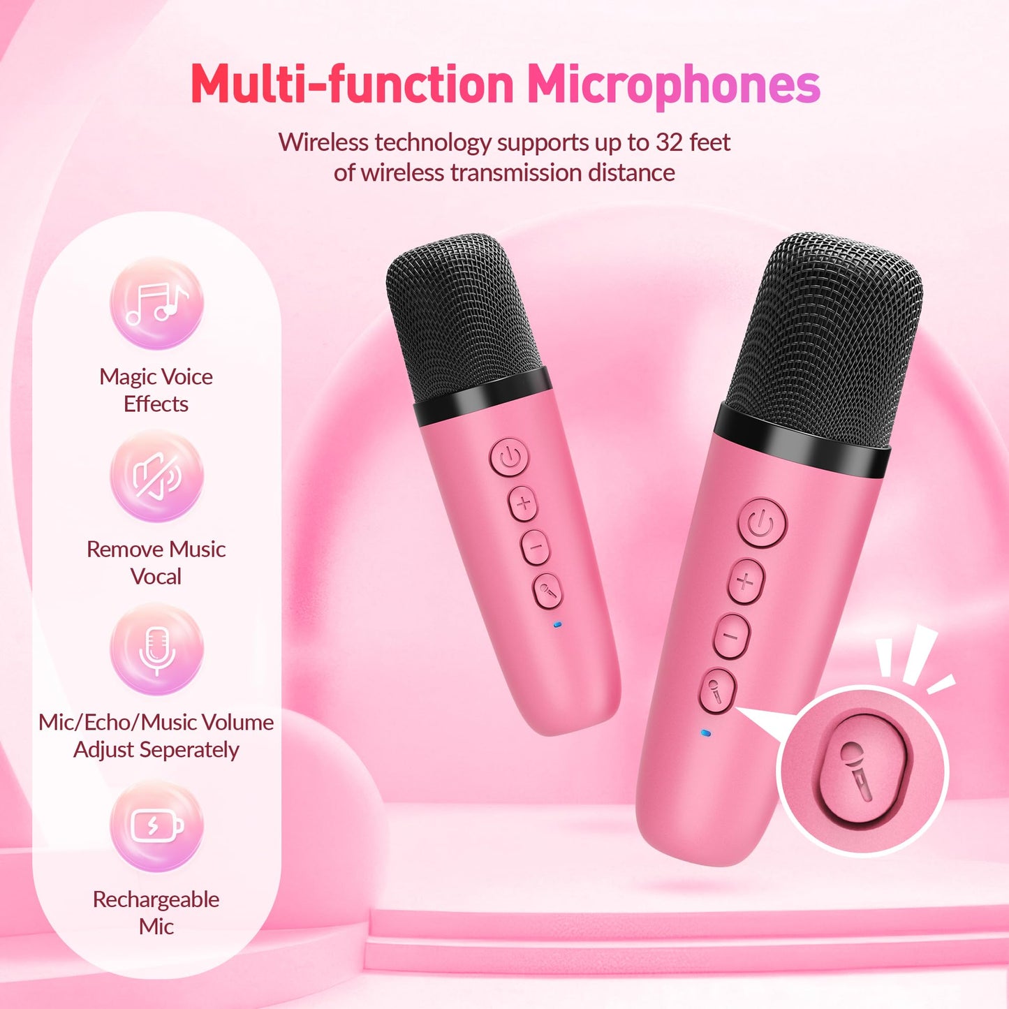 Mini Karaoke Machine, Portable Bluetooth Karaoke Speaker with 2 Wireless Microphones and Party Lights for Kids and Adults, Birthday Gifts for Girls Boys Family Home Party (Hotpink)